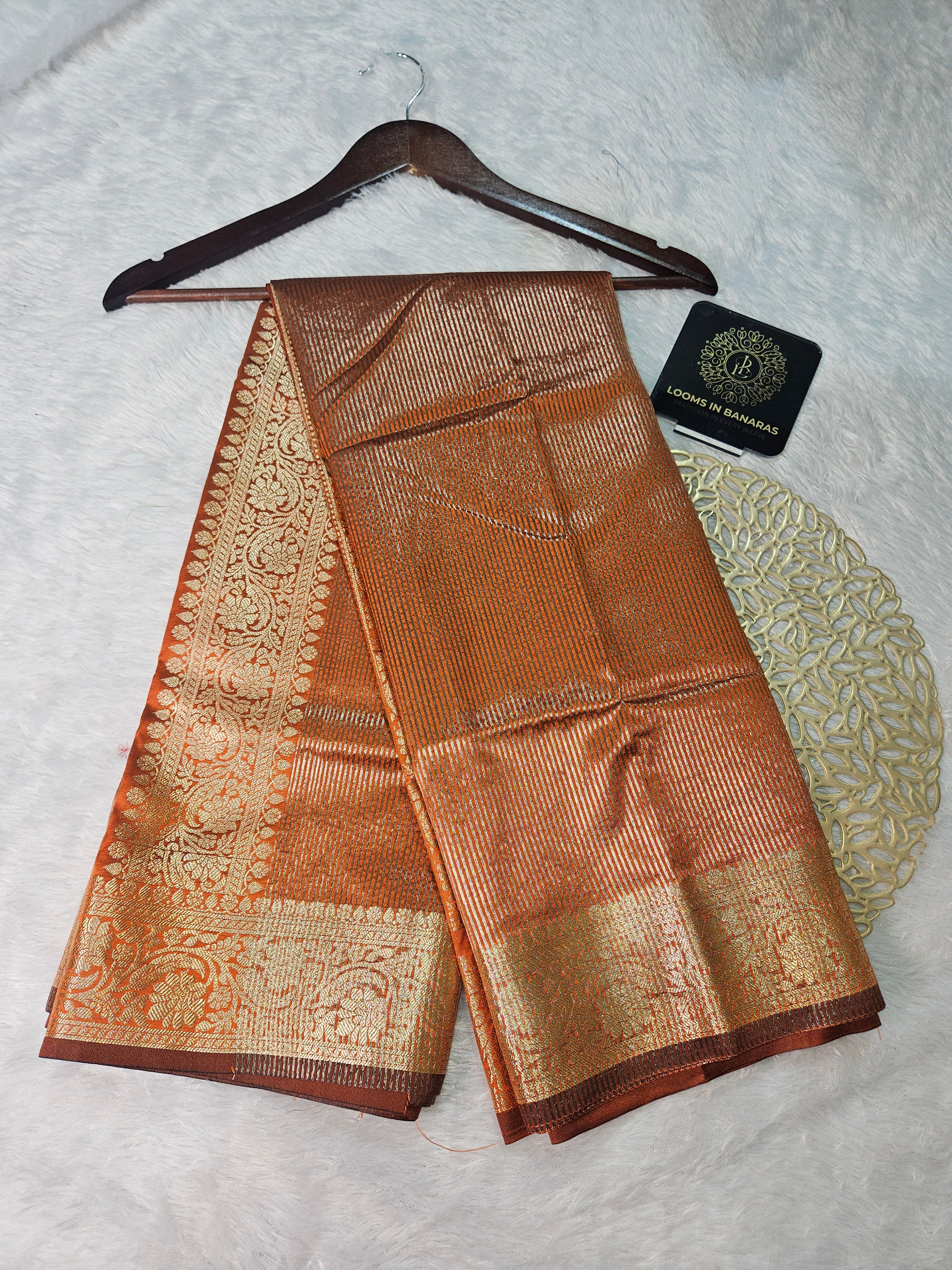 Rust Banarasi Soft Tissue Zari Stripe Design Saree