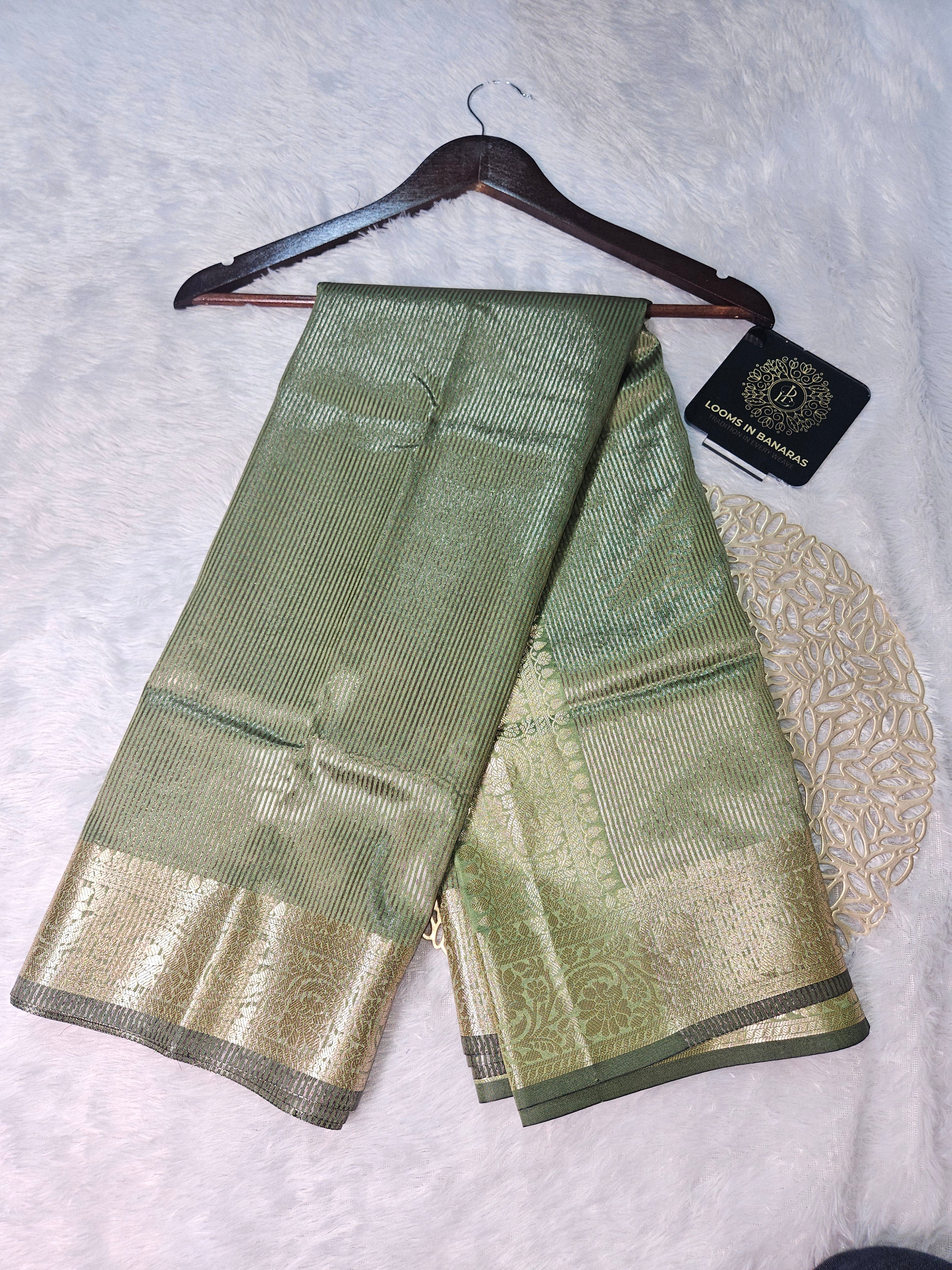 Mehndi Banarasi Soft Tissue Zari Stripe Design Saree