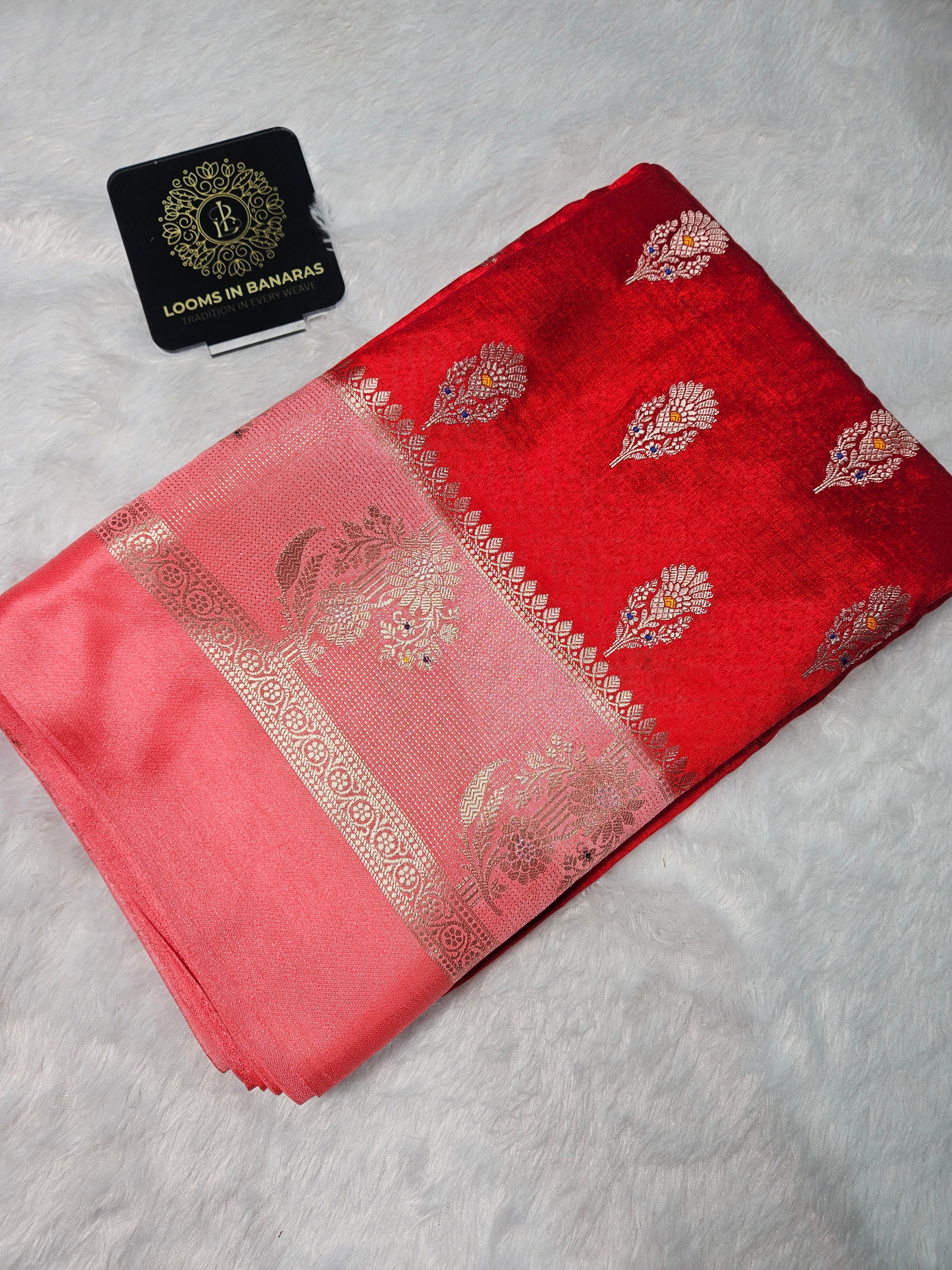 Banarasi Red and Pink contrast Raw Mango Silk Fancy Border Booti Saree