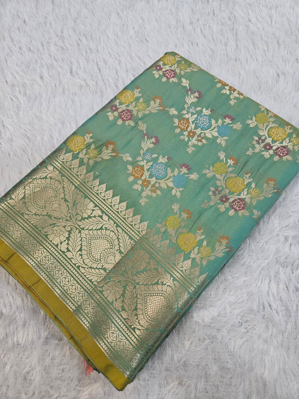 Banarasi Sea Green Katan Silk Tilfi Minakari Jaal Design Saree
