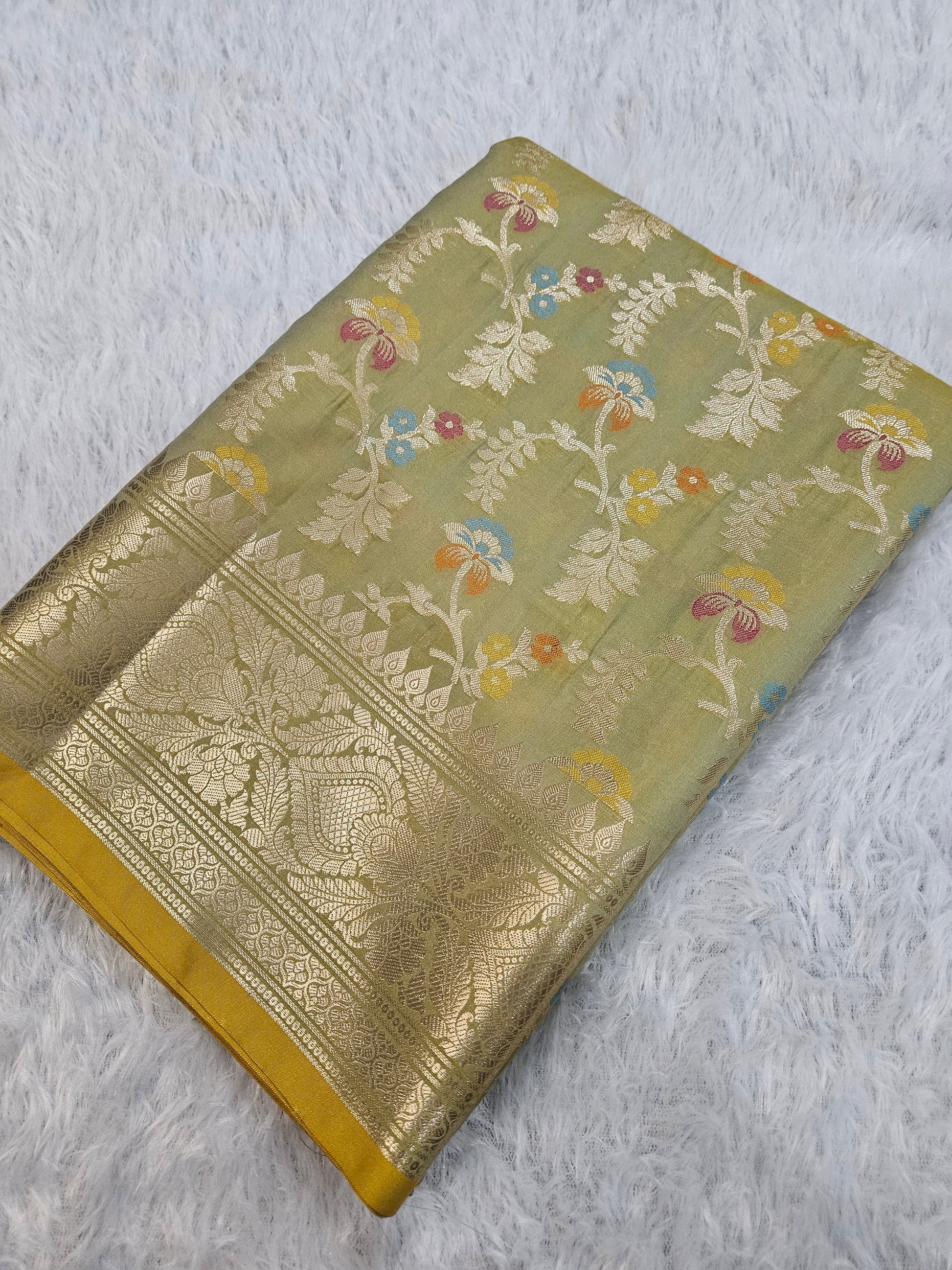 Banarasi Pista Green Katan Silk Tilfi Minakari Jaal Design Saree