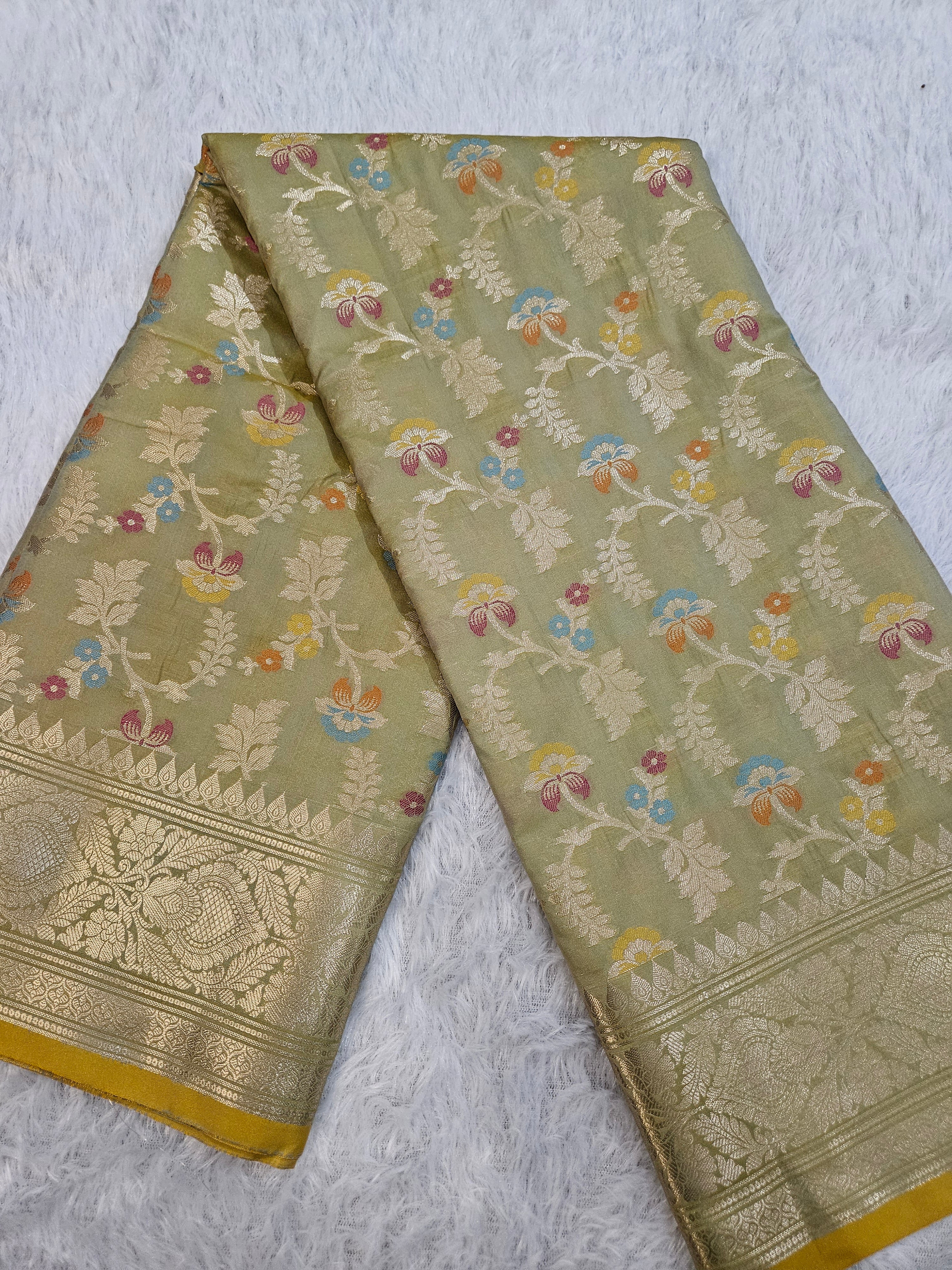 Banarasi Pista Green Katan Silk Tilfi Minakari Jaal Design Saree