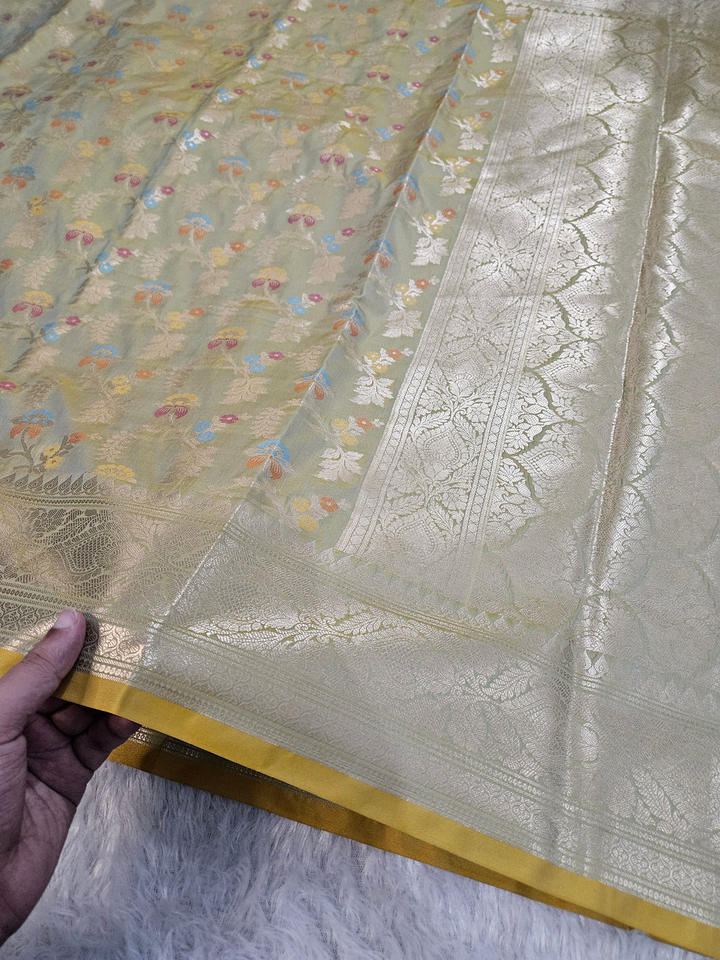 Banarasi Pista Green Katan Silk Tilfi Minakari Jaal Design Saree