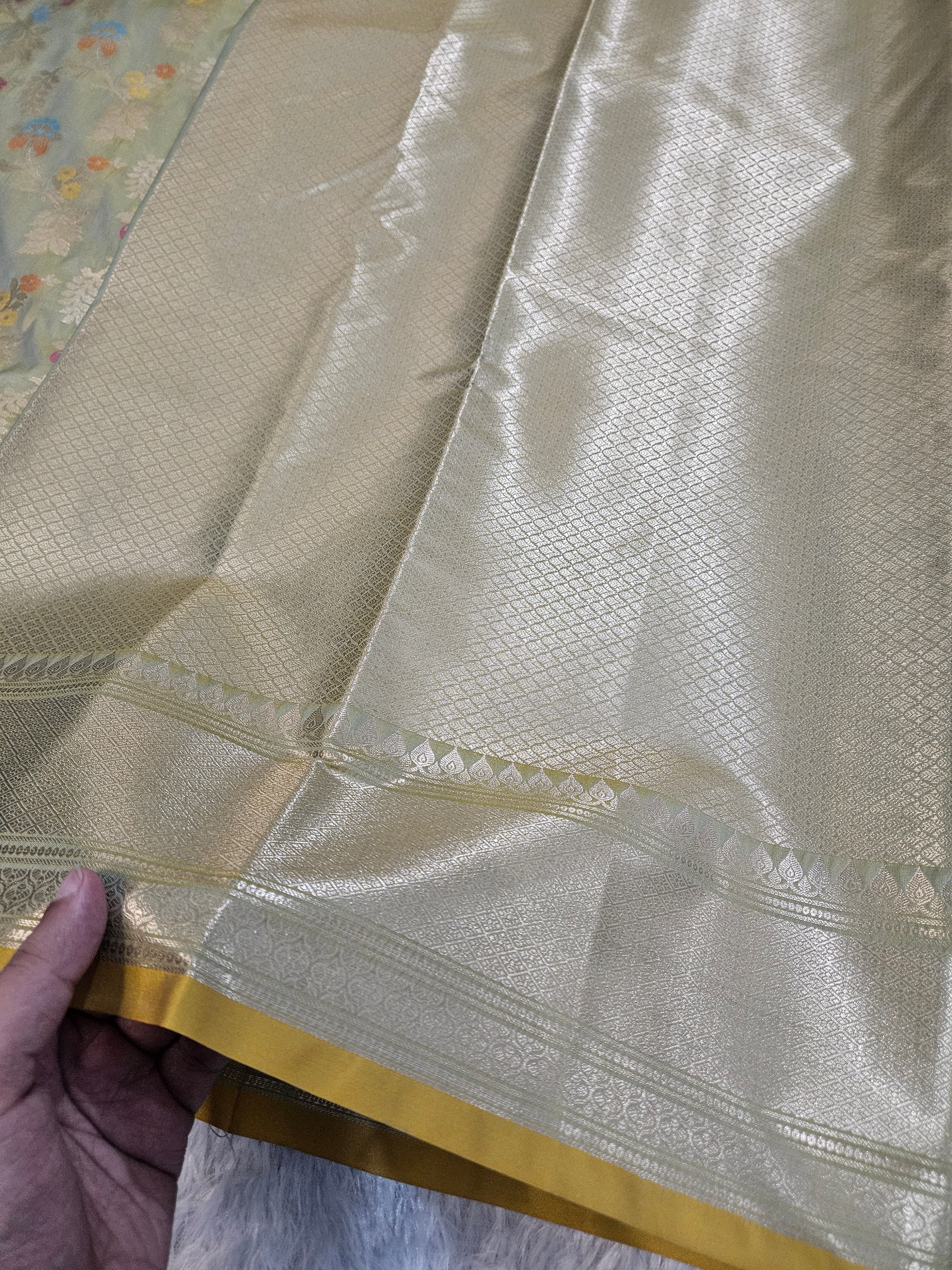 Banarasi Pista Green Katan Silk Tilfi Minakari Jaal Design Saree