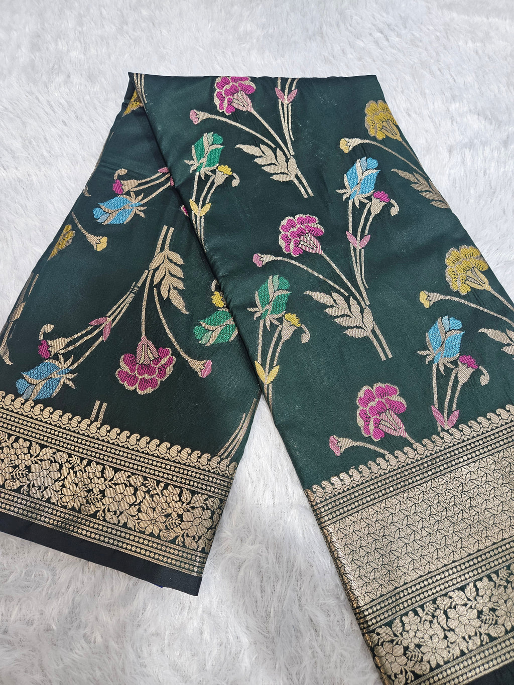 Banarasi Bottle Green Katan Silk Tilfi Minakari Jaal Design Saree