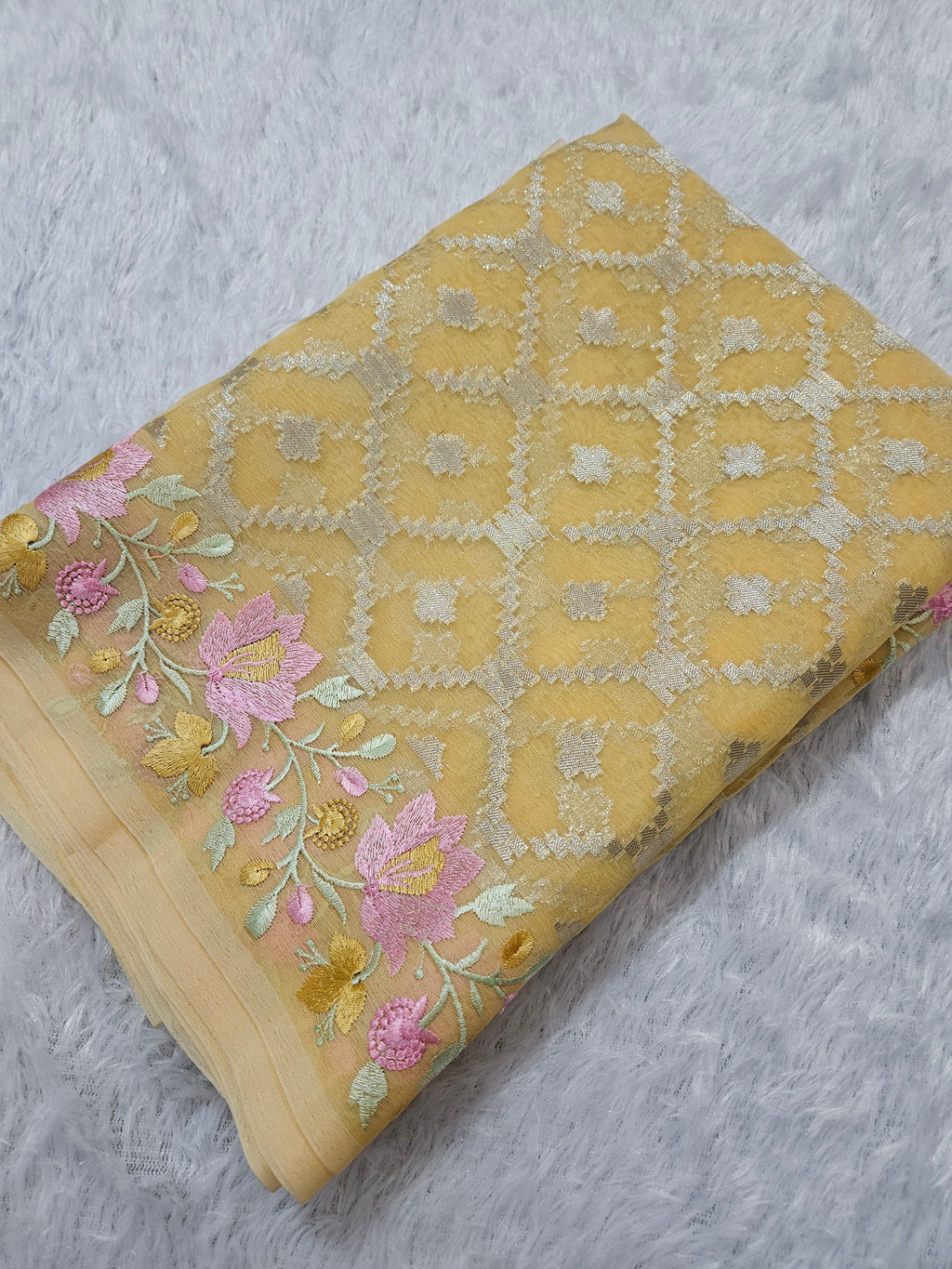 Banarasi Yellow Organza Embroedry Border Zari Work Saree