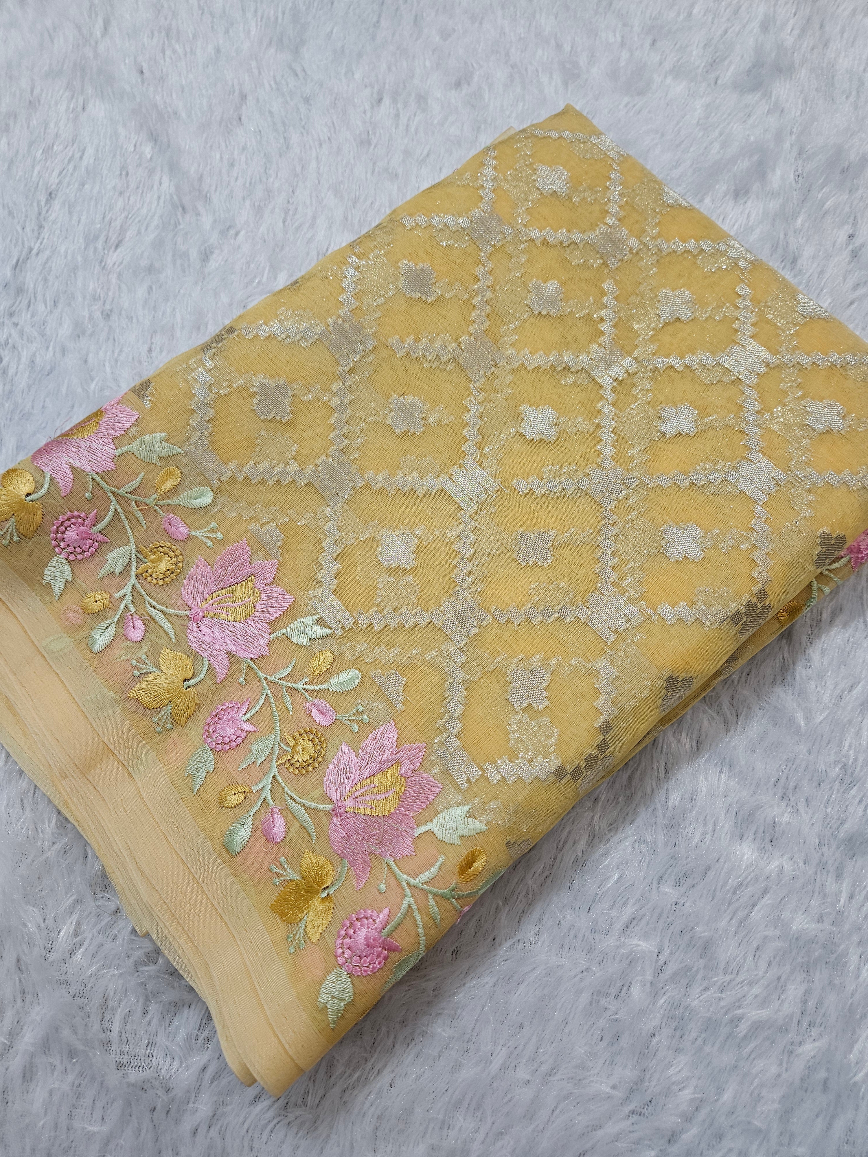 Banarasi Yellow Organza Embroedry Border Zari Work Saree