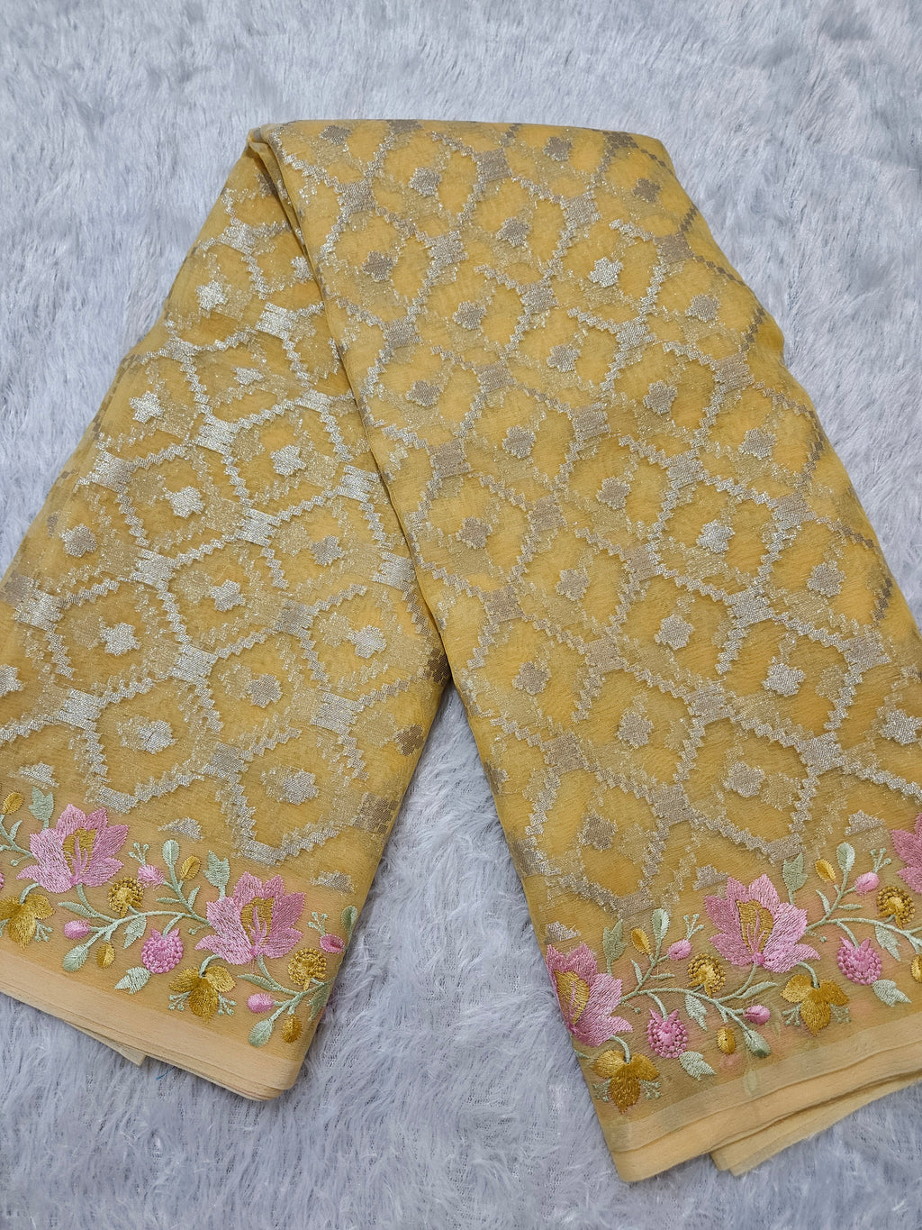 Banarasi Yellow Organza Embroedry Border Zari Work Saree