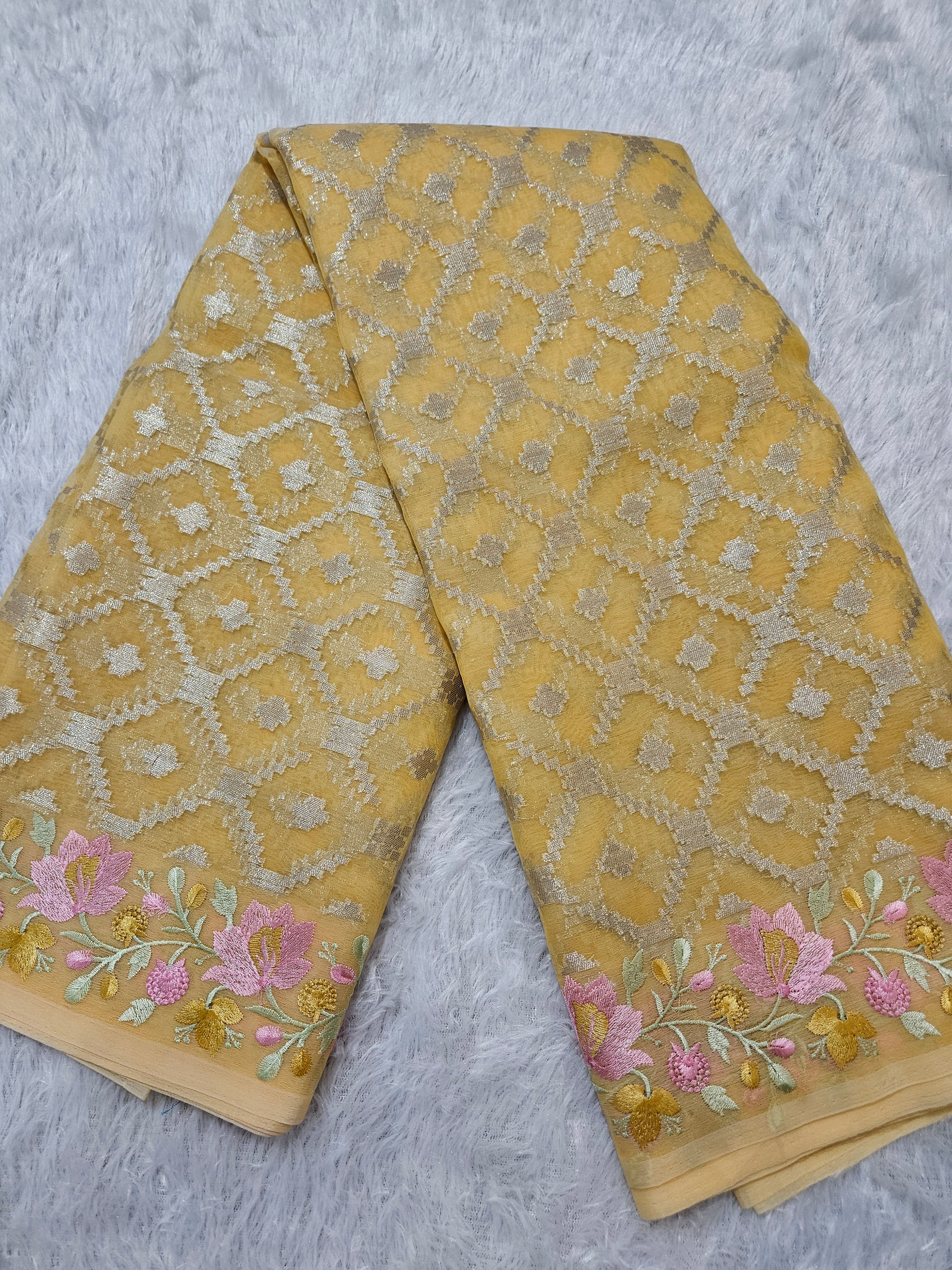 Banarasi Yellow Organza Embroedry Border Zari Work Saree