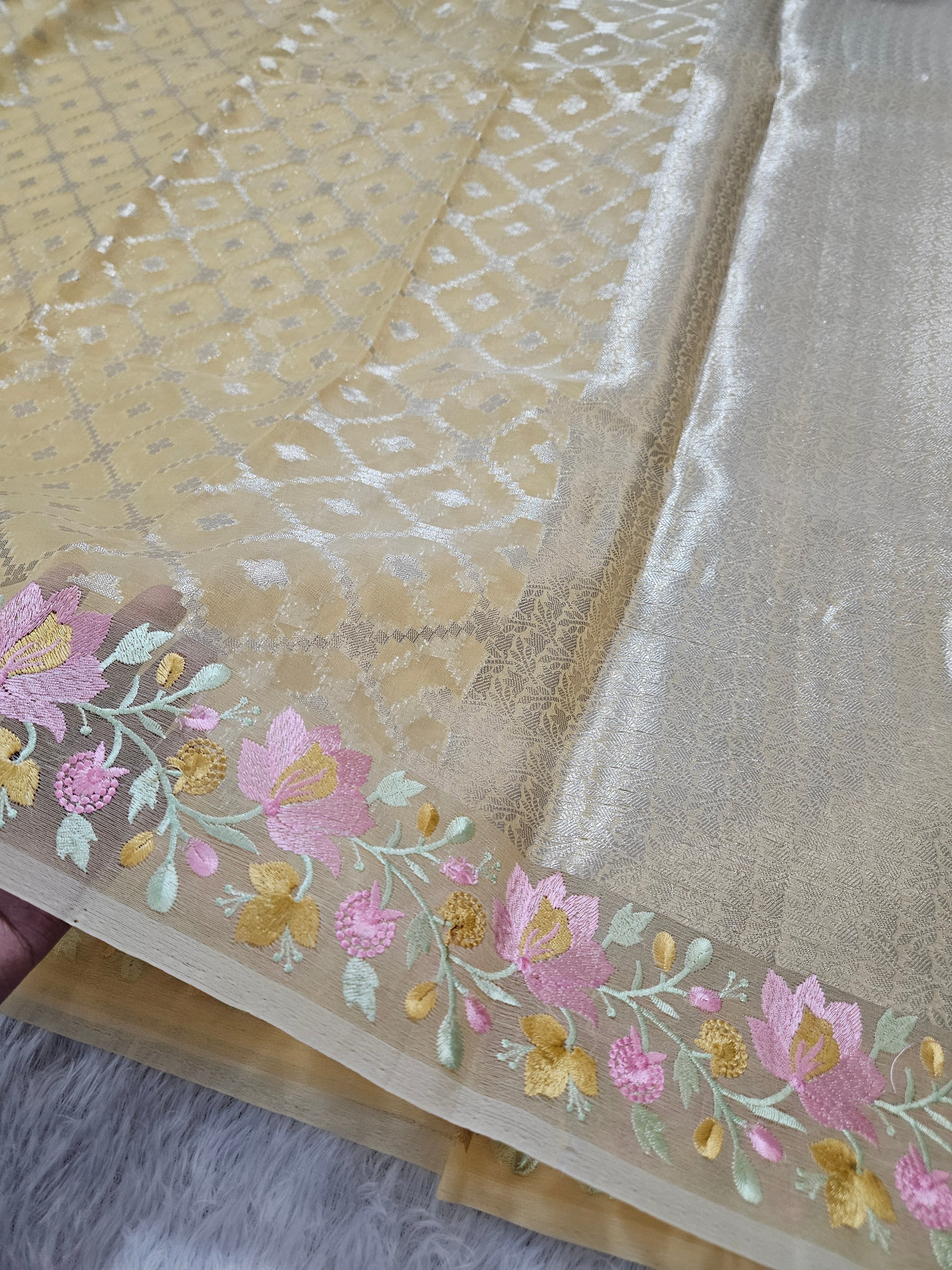 Banarasi Yellow Organza Embroedry Border Zari Work Saree