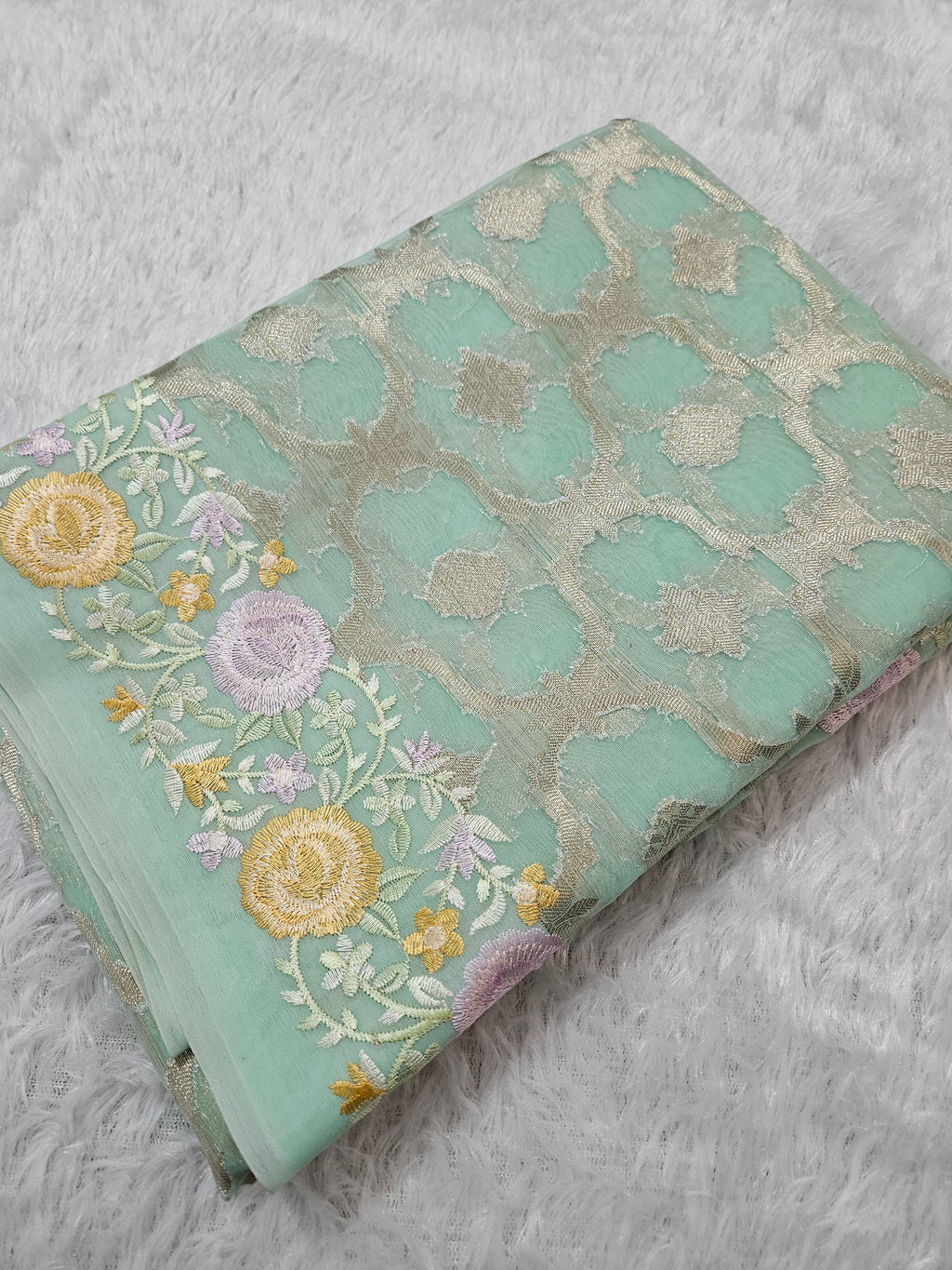 Banarasi Keppel Blue Embroedry Border Zari Work Saree