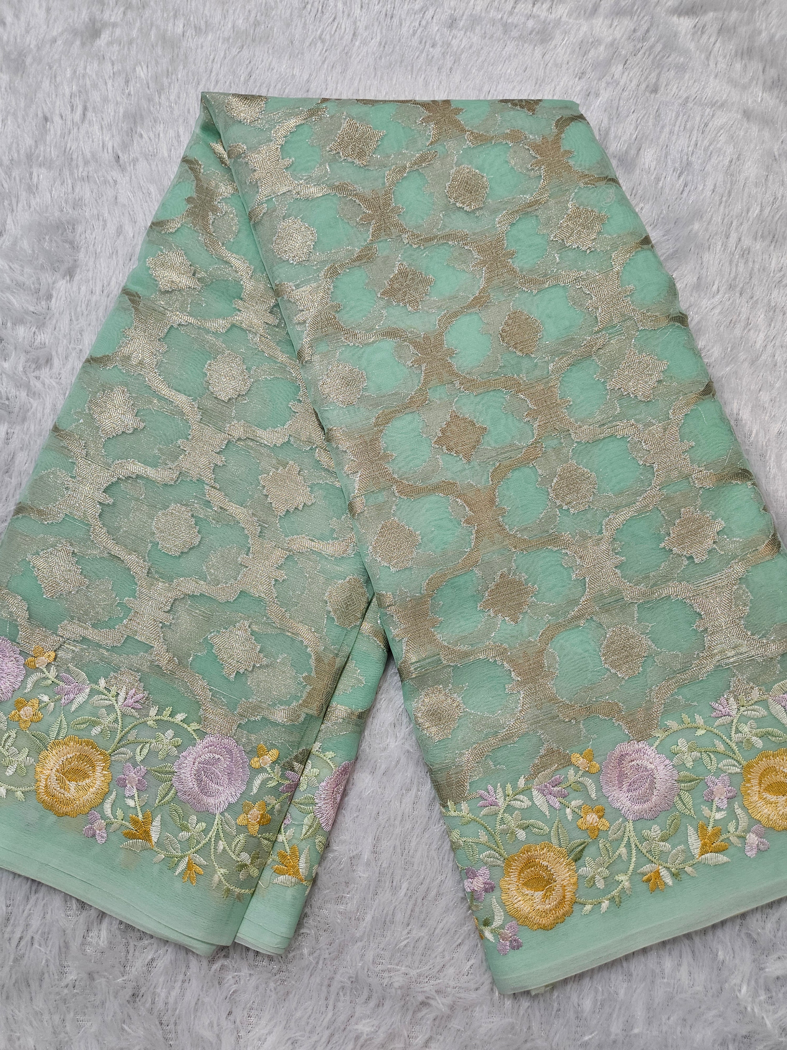 Banarasi Keppel Blue Embroedry Border Zari Work Saree