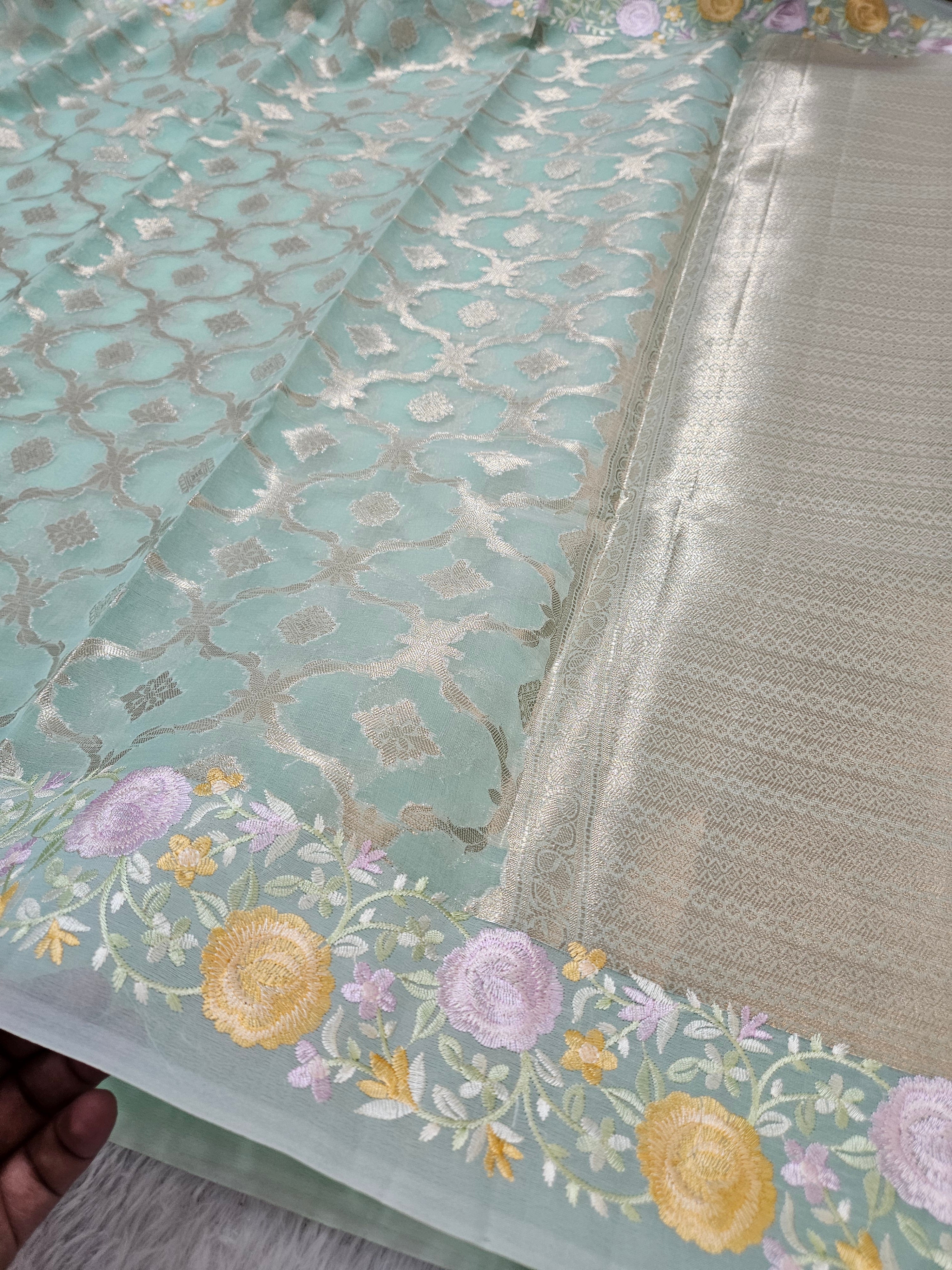 Banarasi Keppel Blue Embroedry Border Zari Work Saree