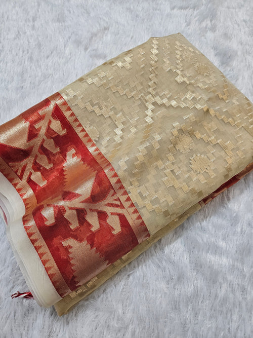 Banarasi Beige Organza Muslin Dhakai Border Chaokdi Saree