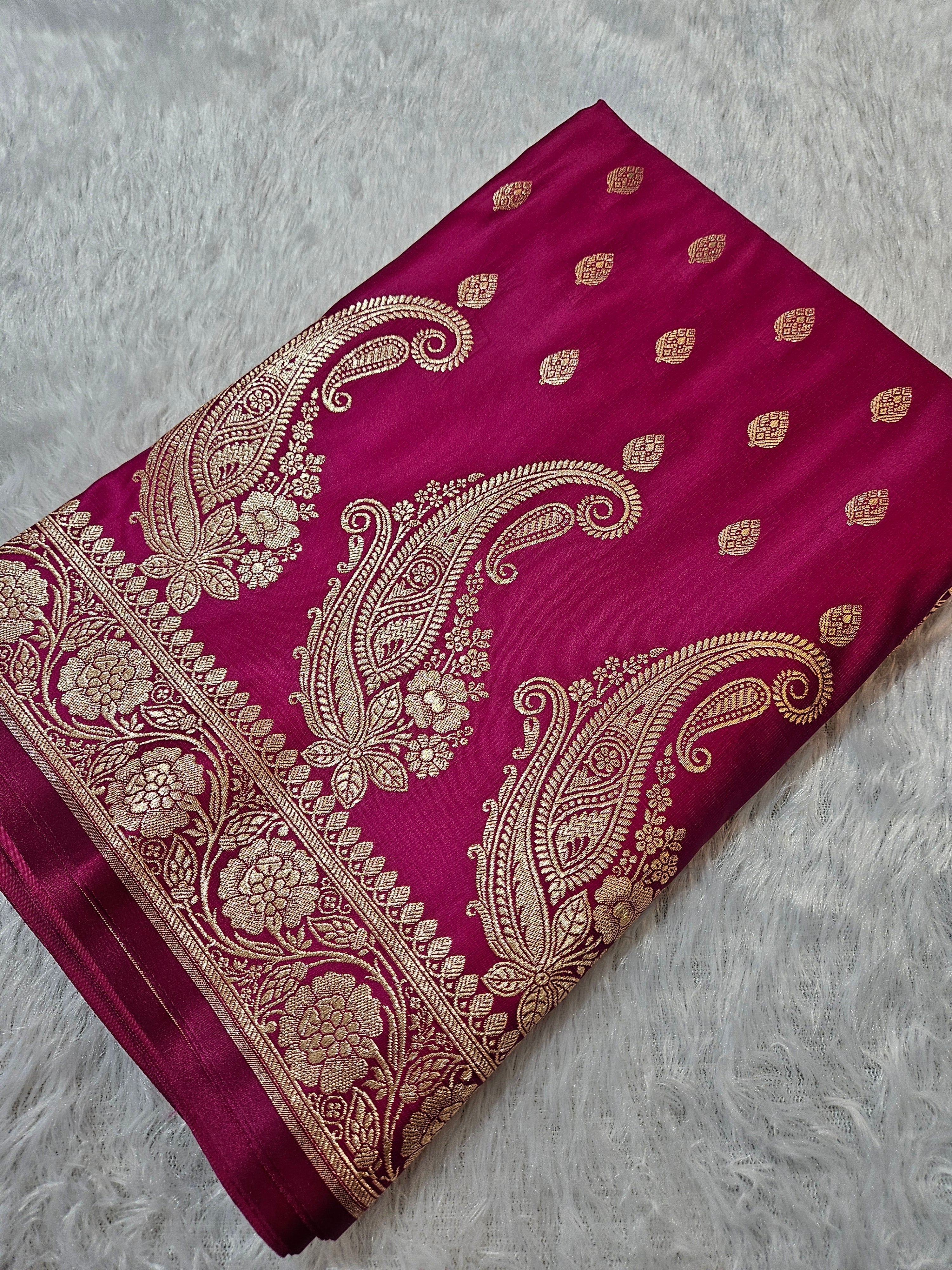 Rani Pink Banarasi Katan Satin Silk Zari Border Carry Skirt Booti Saree