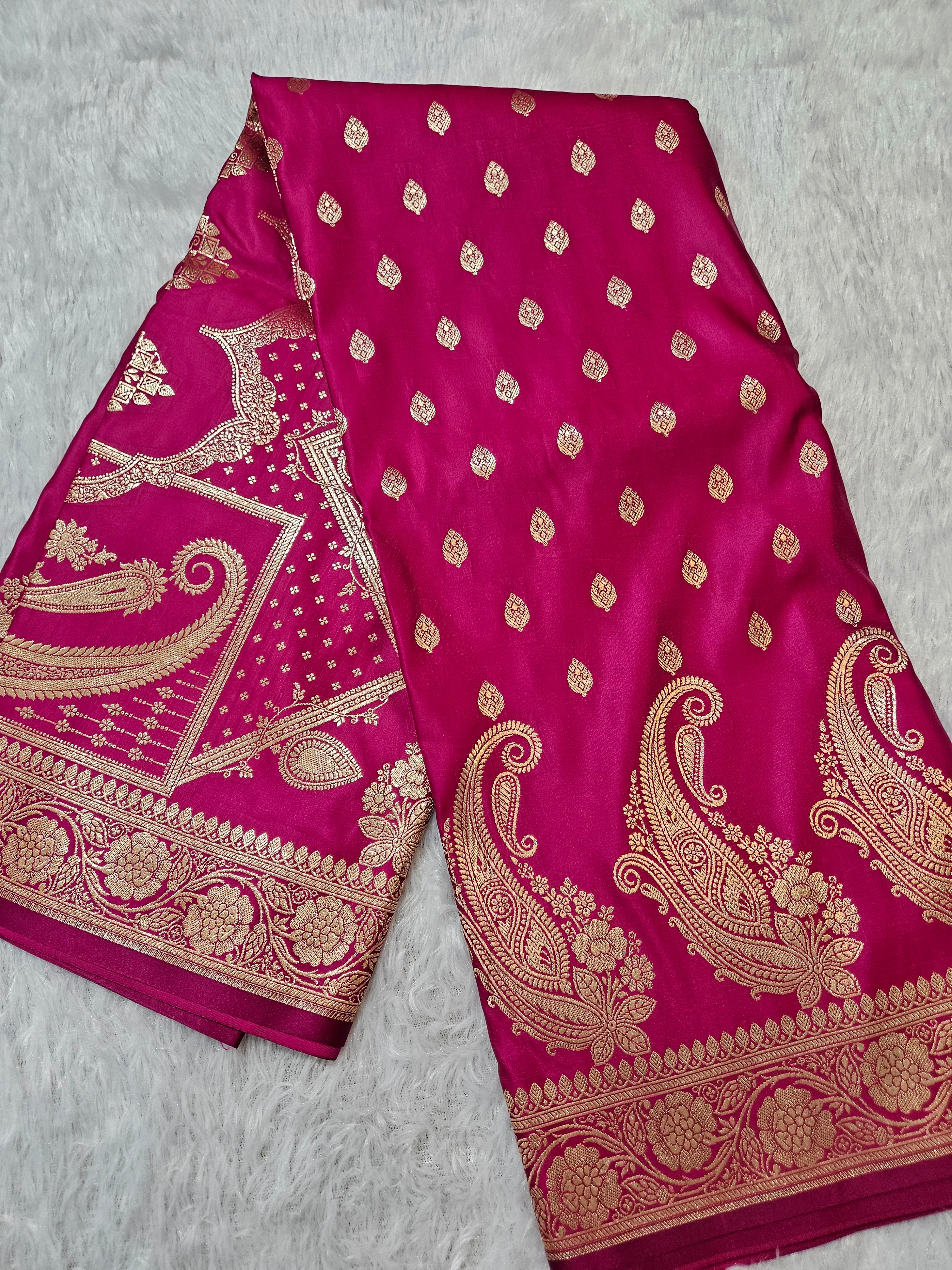 Rani Pink Banarasi Katan Satin Silk Zari Border Carry Skirt Booti Saree
