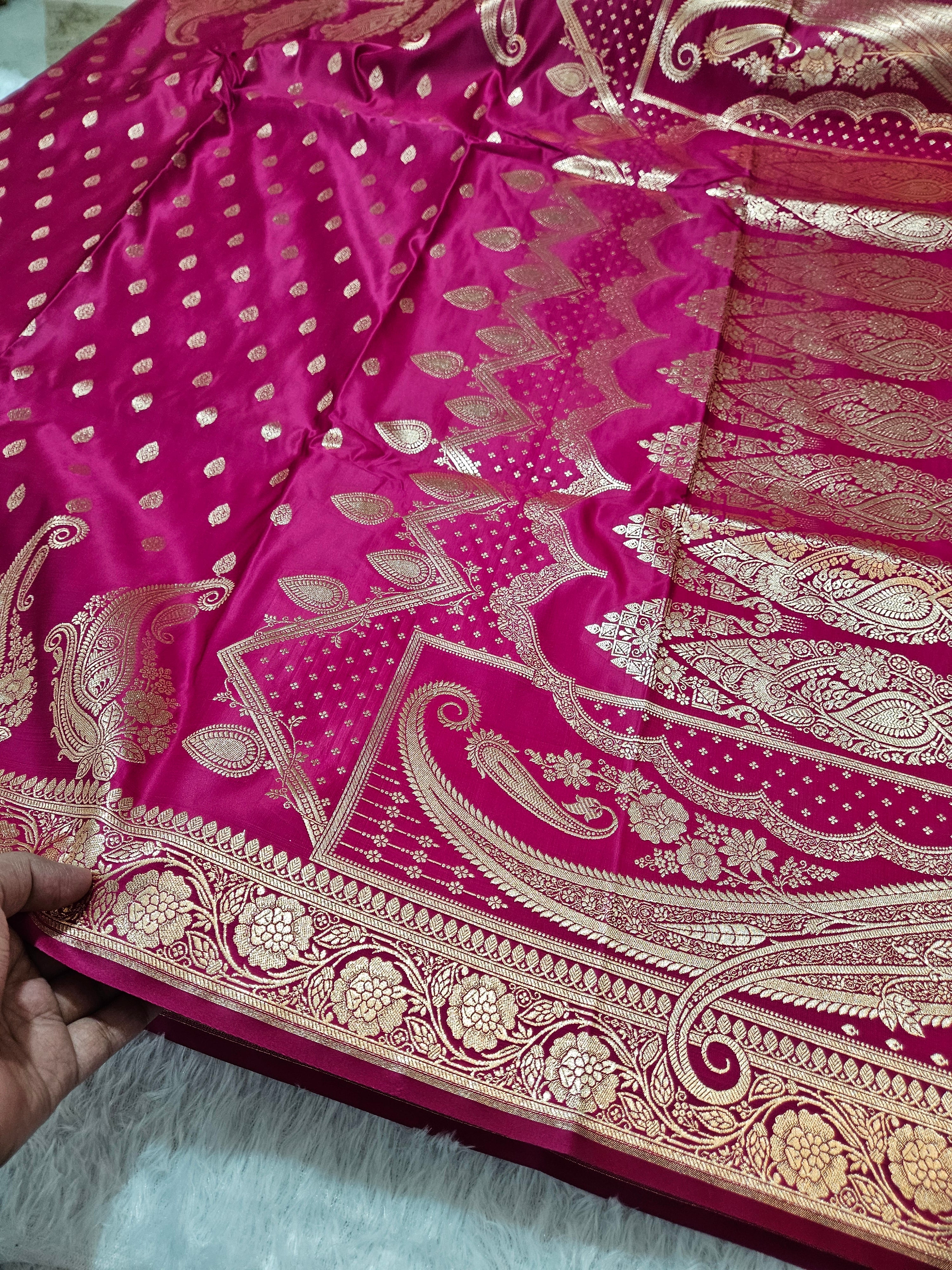 Rani Pink Banarasi Katan Satin Silk Zari Border Carry Skirt Booti Saree