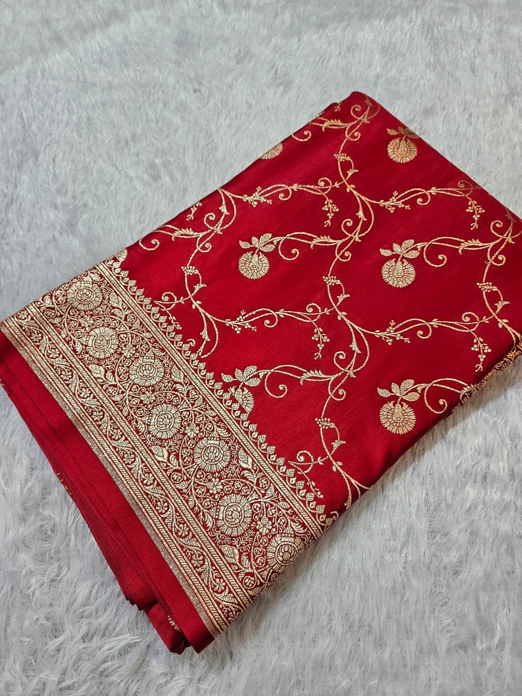 Red Banarasi Katan Satin Silk Saree Zari Border Jaal Design