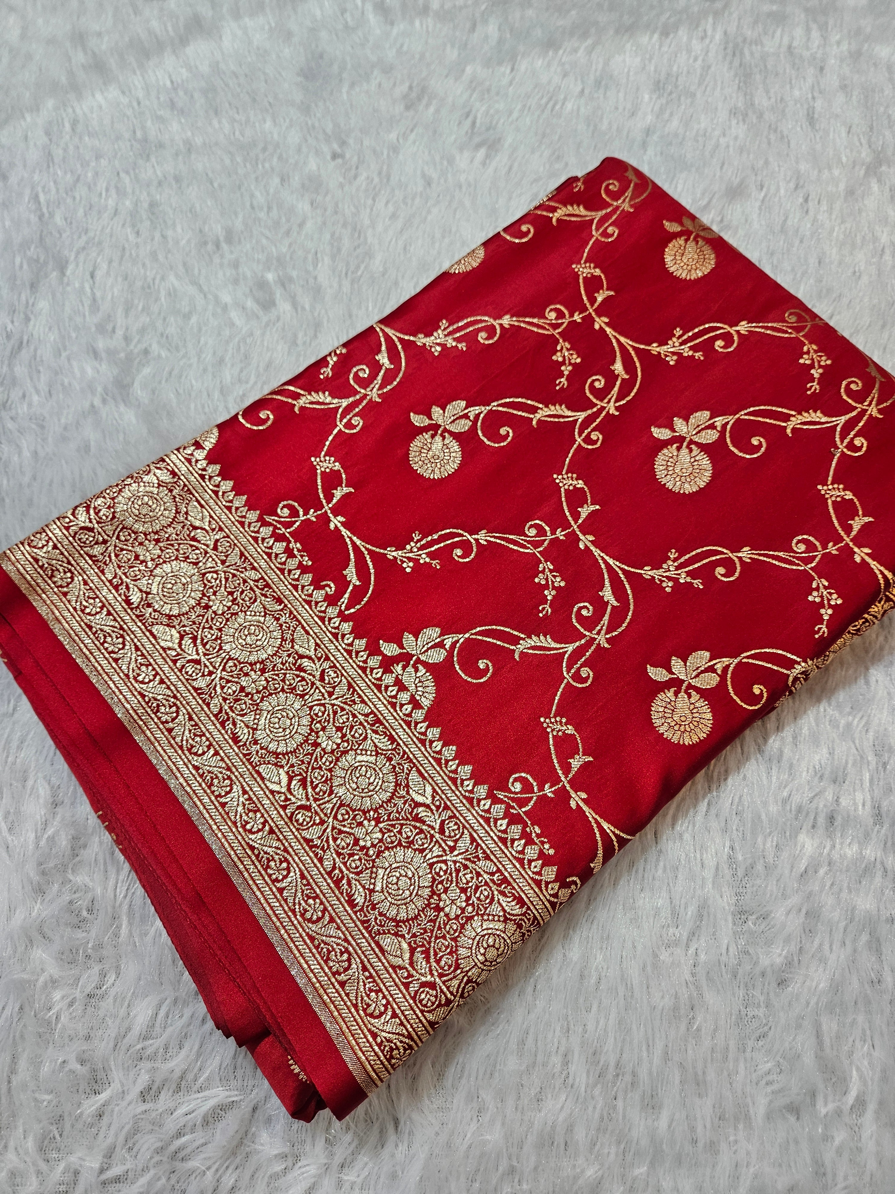 Red Banarasi Katan Satin Silk Saree Zari Border Jaal Design