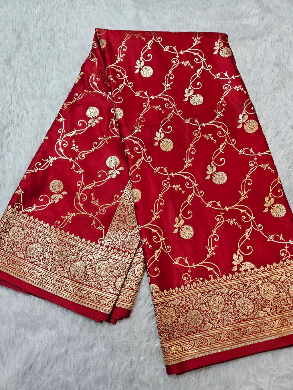 Red Banarasi Katan Satin Silk Saree Zari Border Jaal Design
