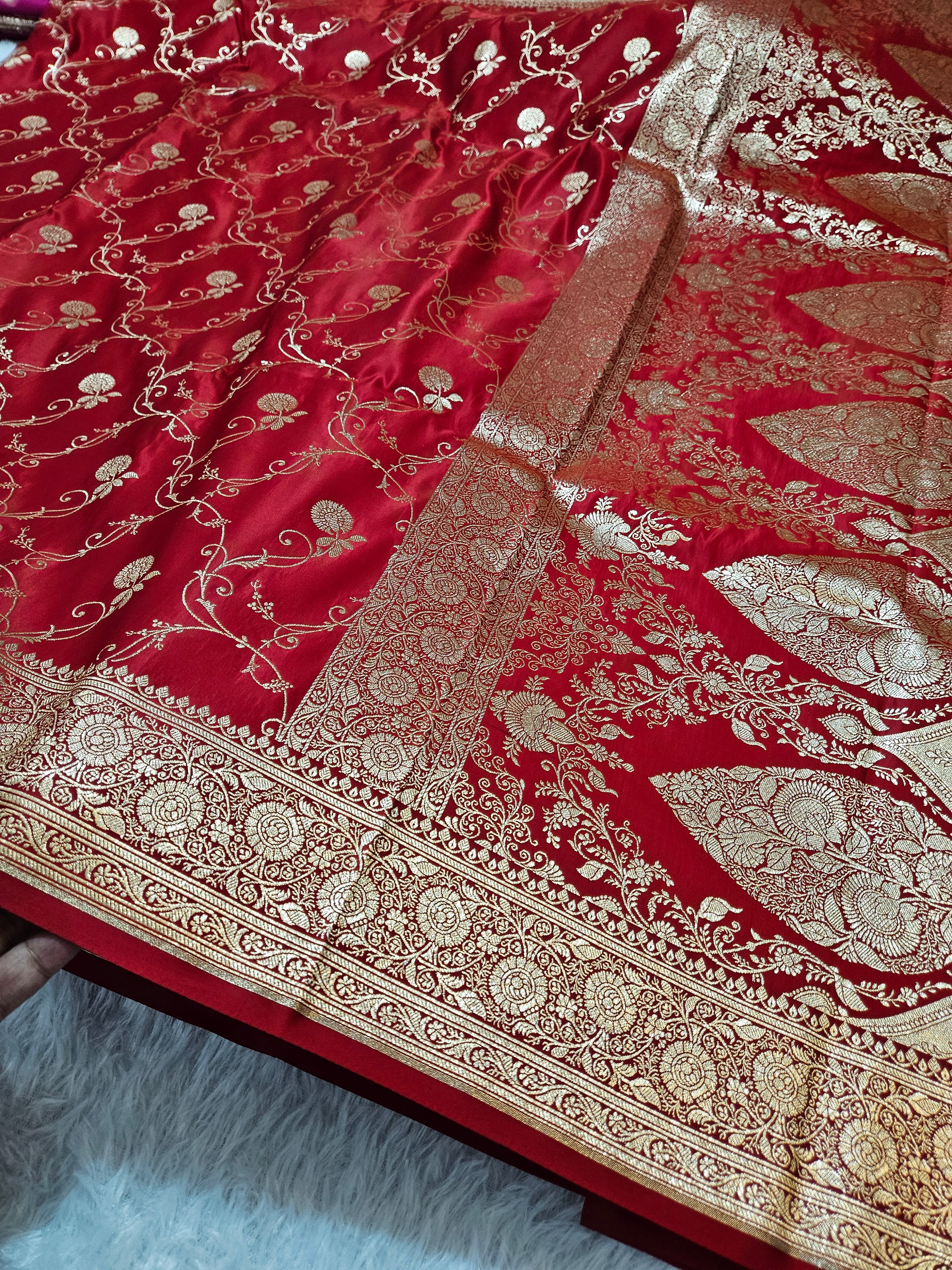 Red Banarasi Katan Satin Silk Saree Zari Border Jaal Design