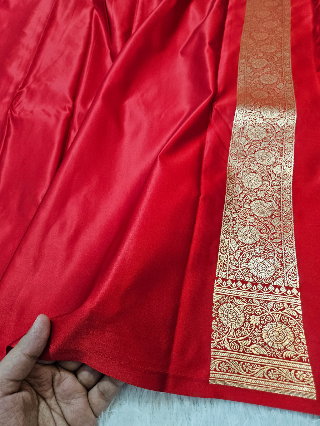 Red Banarasi Katan Satin Silk Saree Zari Border Jaal Design