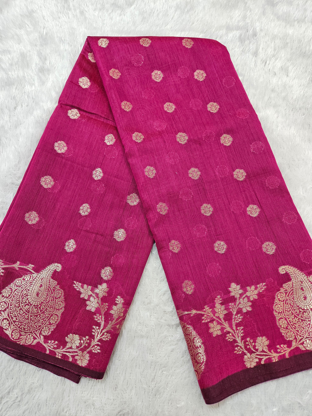 Rani Pink Banarasi Cotton Open Zari Border Booti Saree