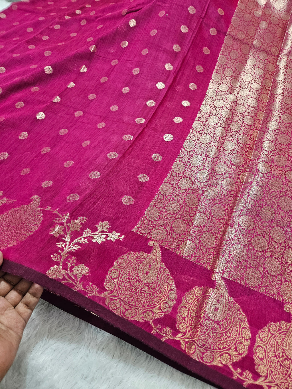 Rani Pink Banarasi Cotton Open Zari Border Booti Saree
