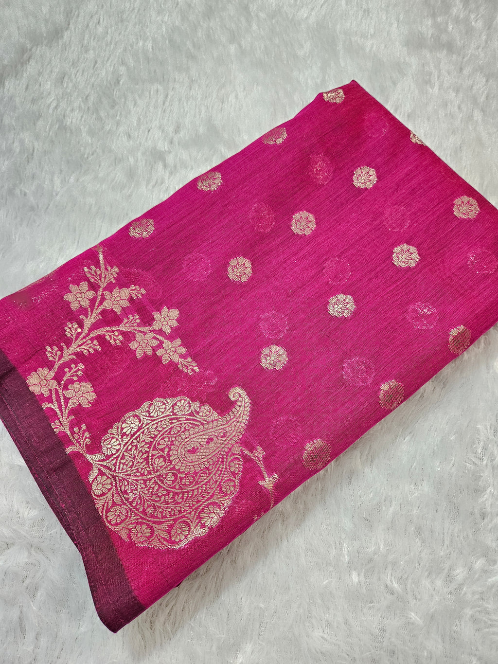 Rani Pink Banarasi Cotton Open Zari Border Booti Saree
