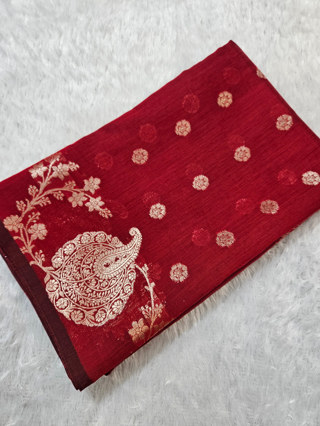 Red Banarasi Cotton Open Zari Border Booti Saree