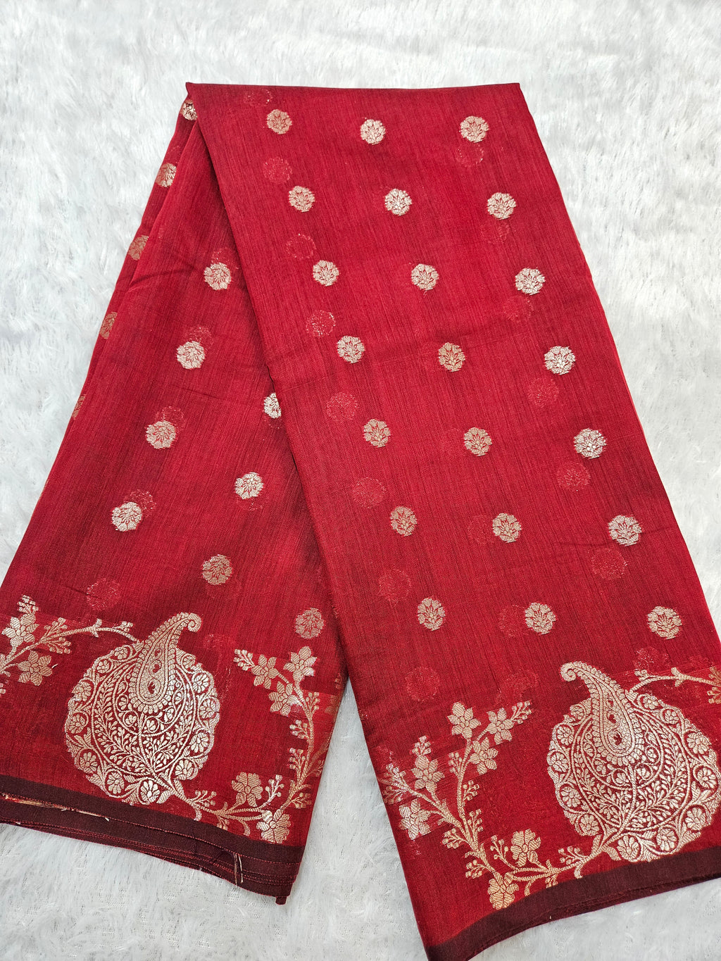 Red Banarasi Cotton Open Zari Border Booti Saree