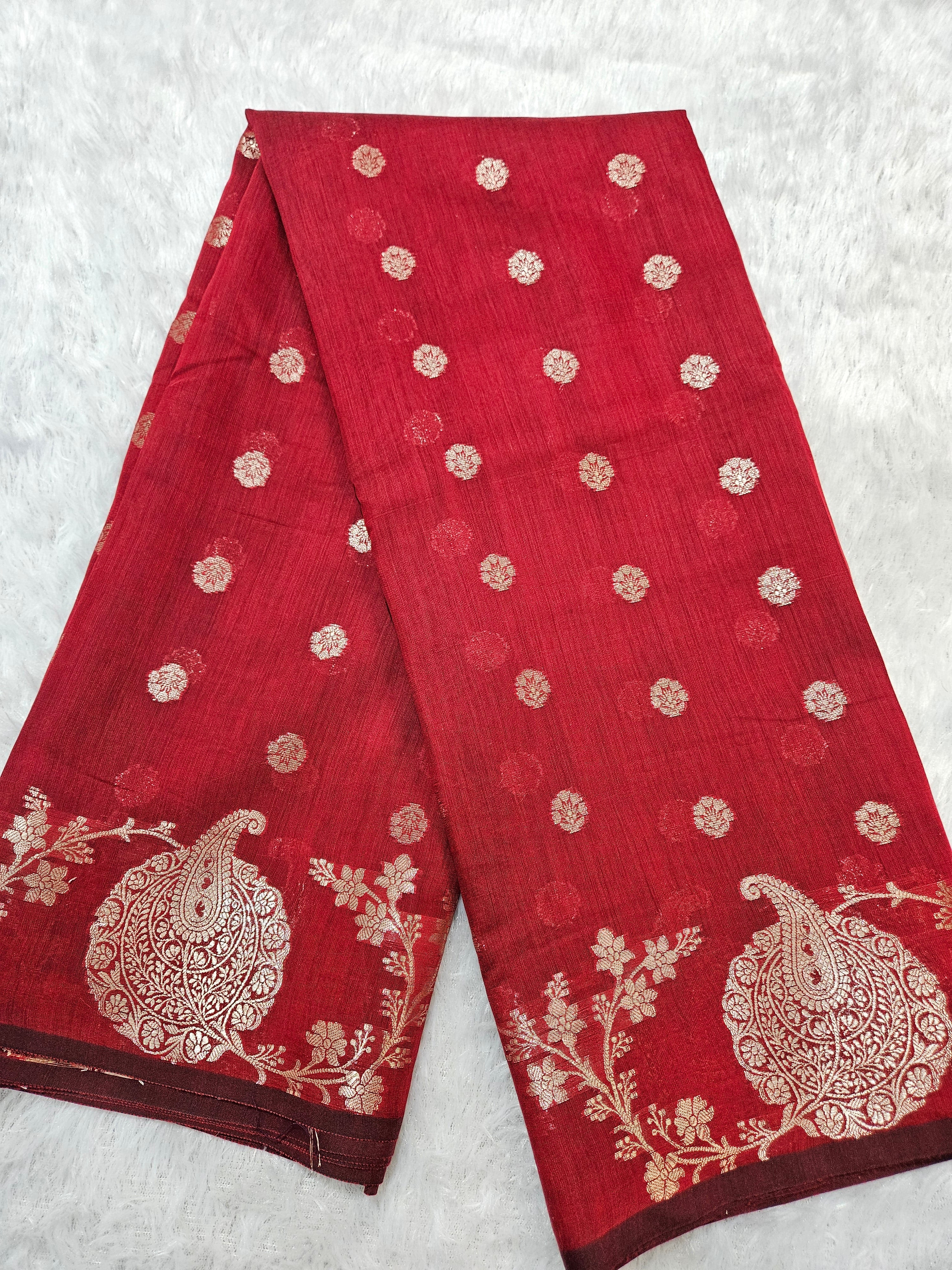 Red Banarasi Cotton Open Zari Border Booti Saree