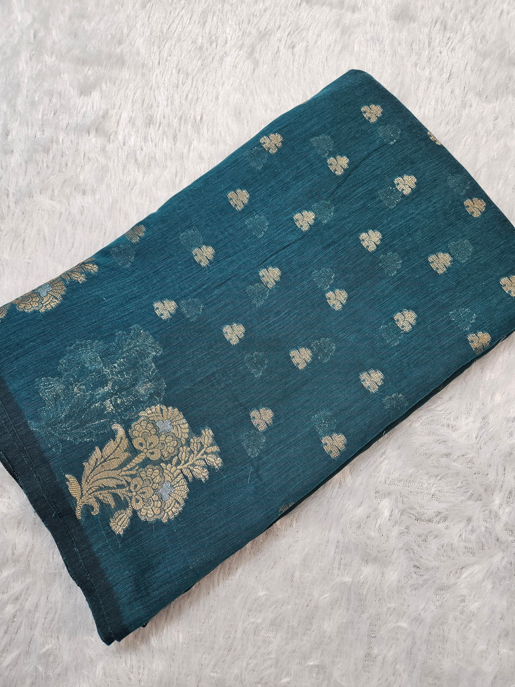 Rama Green Banarasi Cotton Boota Zari Border Booti Saree