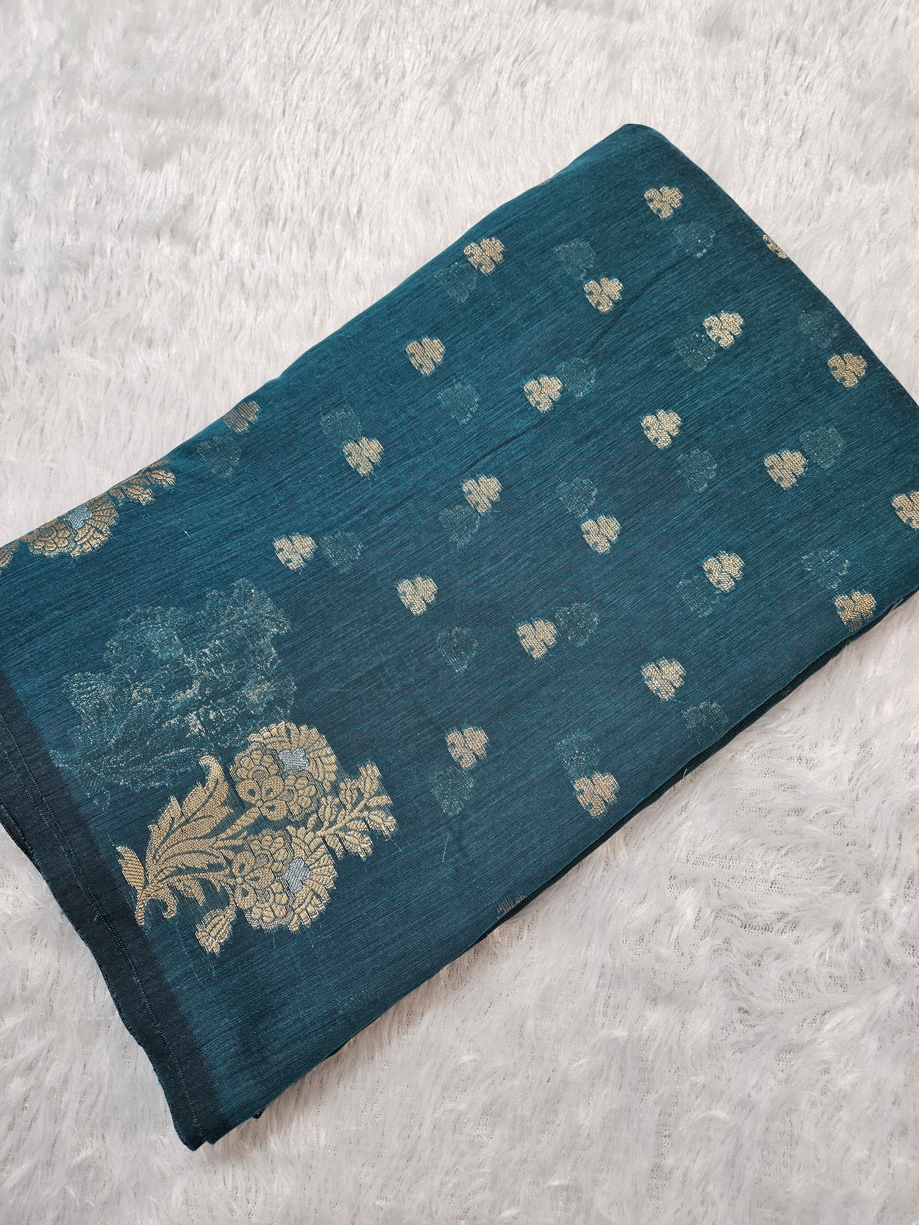 Rama Green Banarasi Cotton Boota Zari Border Booti Saree