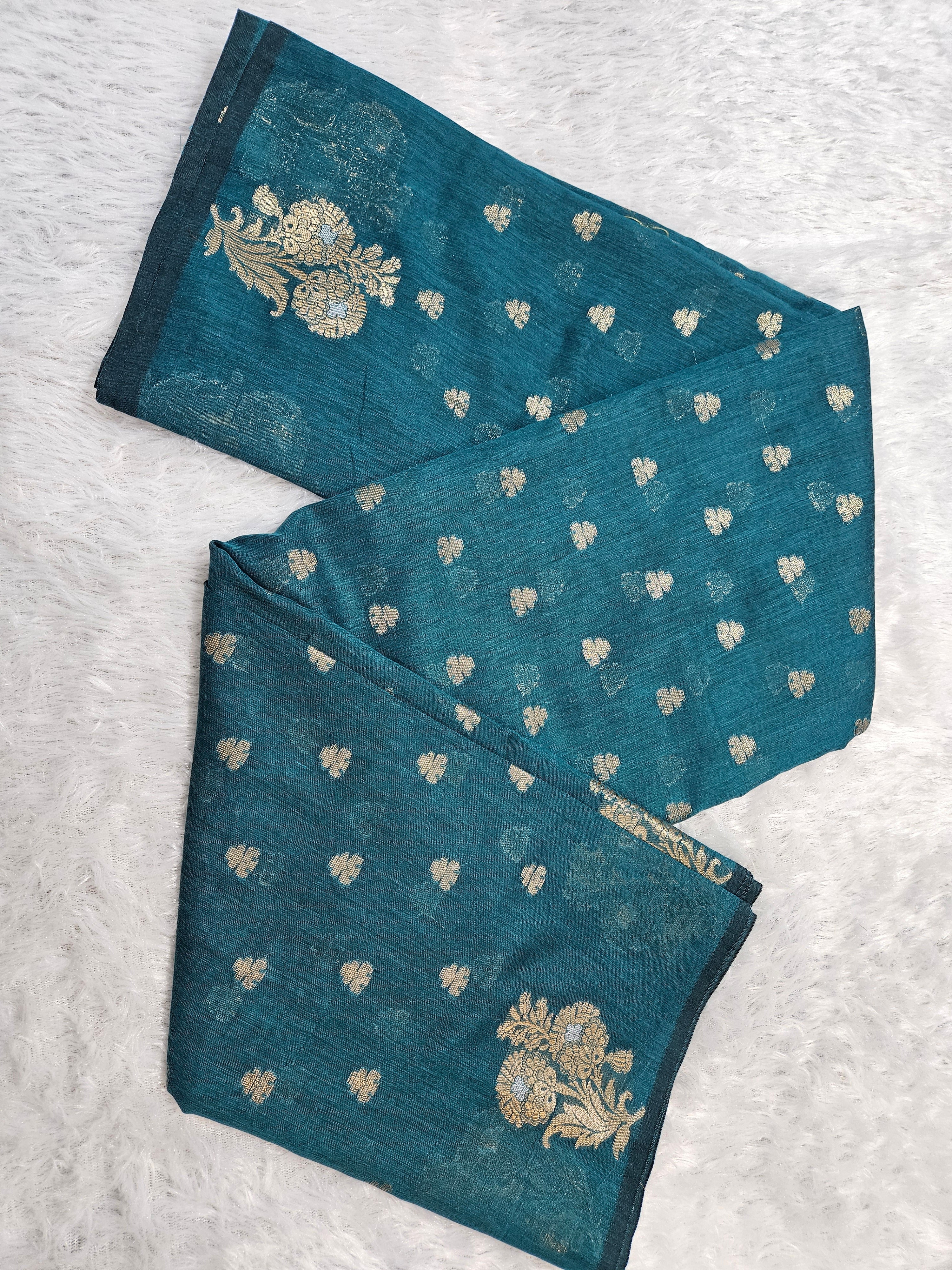 Rama Green Banarasi Cotton Boota Zari Border Booti Saree