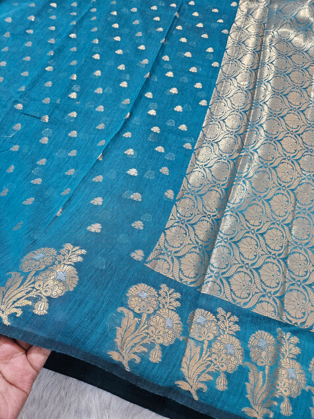 Rama Green Banarasi Cotton Boota Zari Border Booti Saree