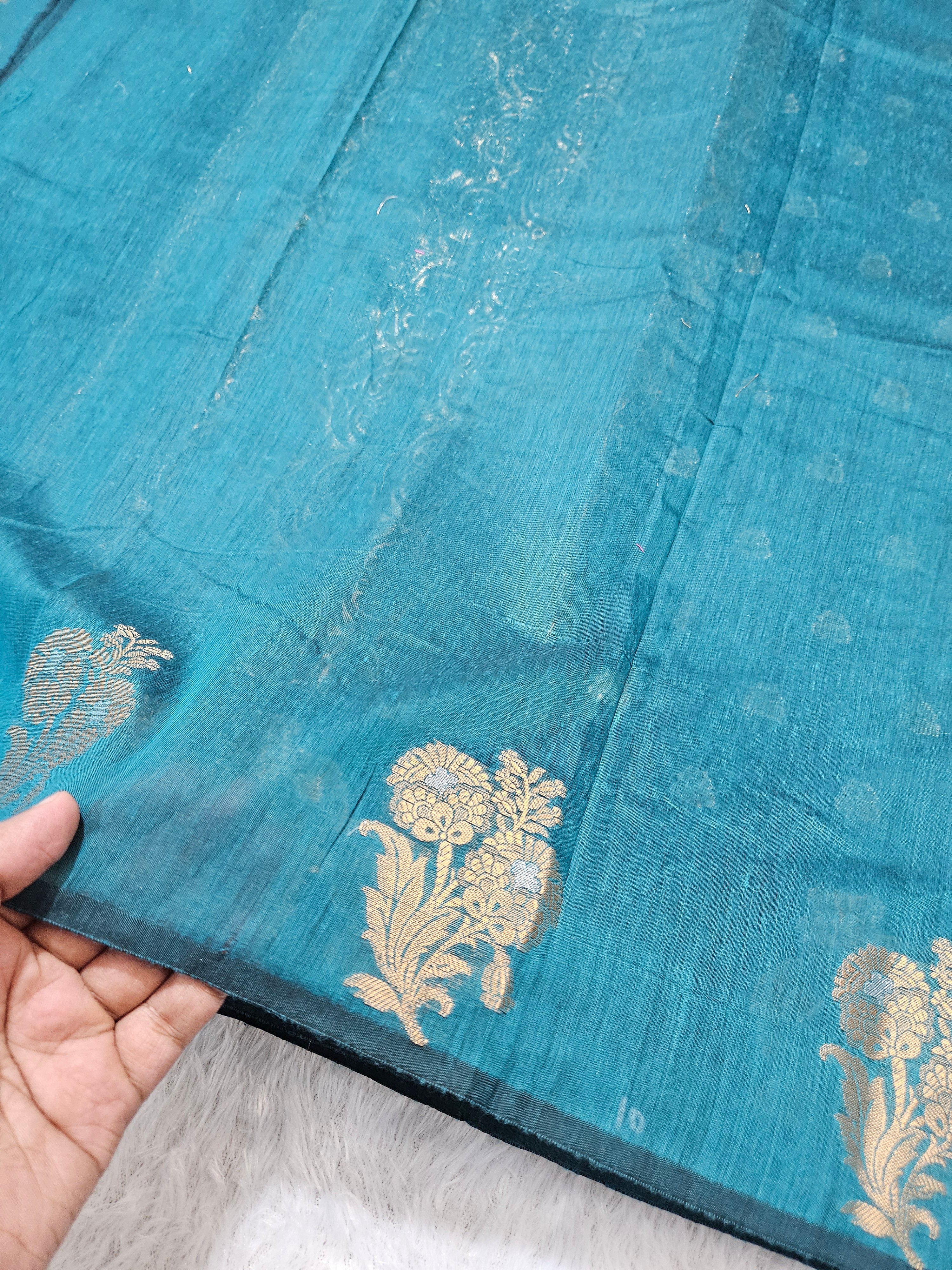 Rama Green Banarasi Cotton Boota Zari Border Booti Saree