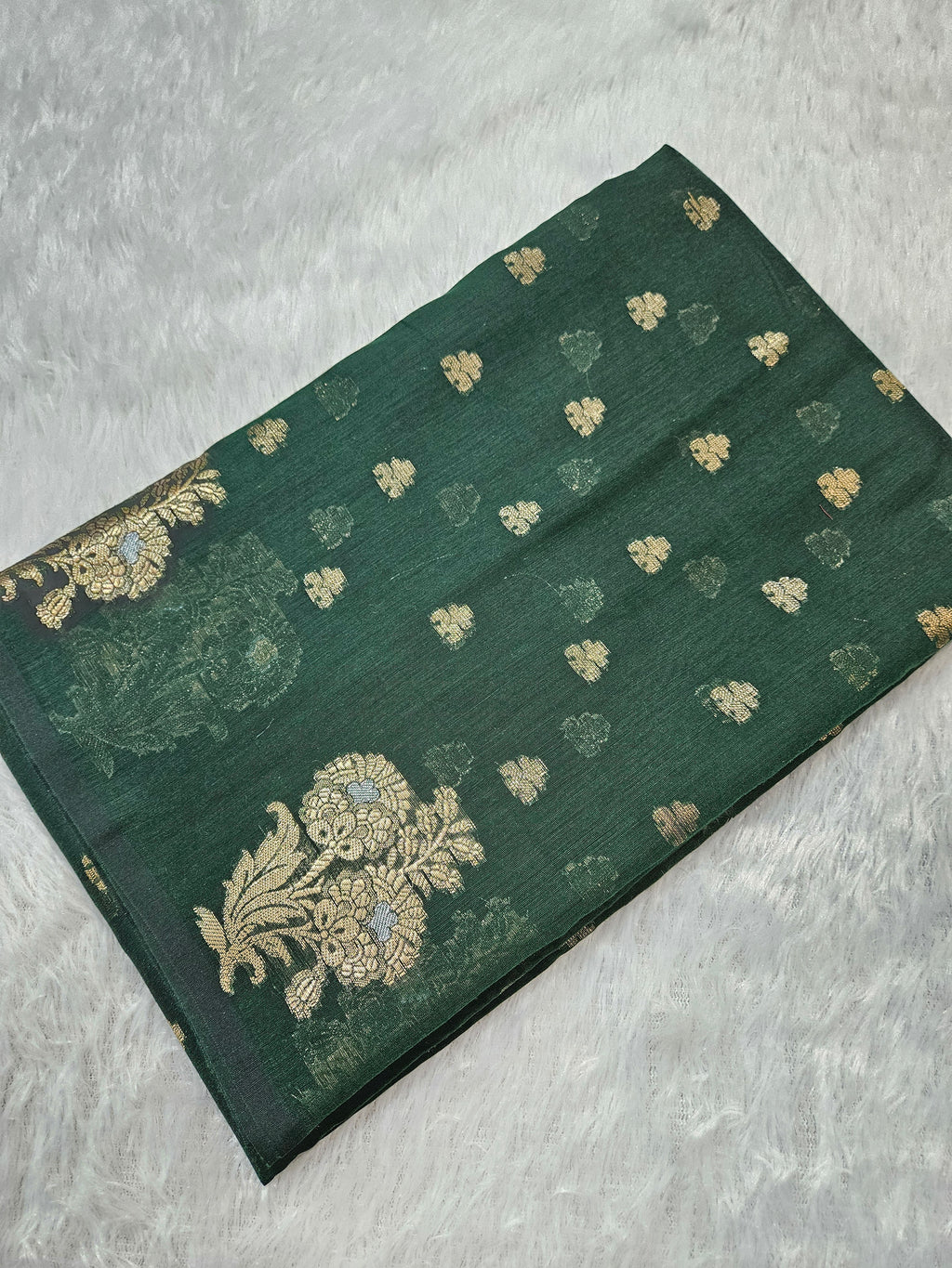 Bottle Green Banarasi Cotton Boota Zari Border Booti Saree