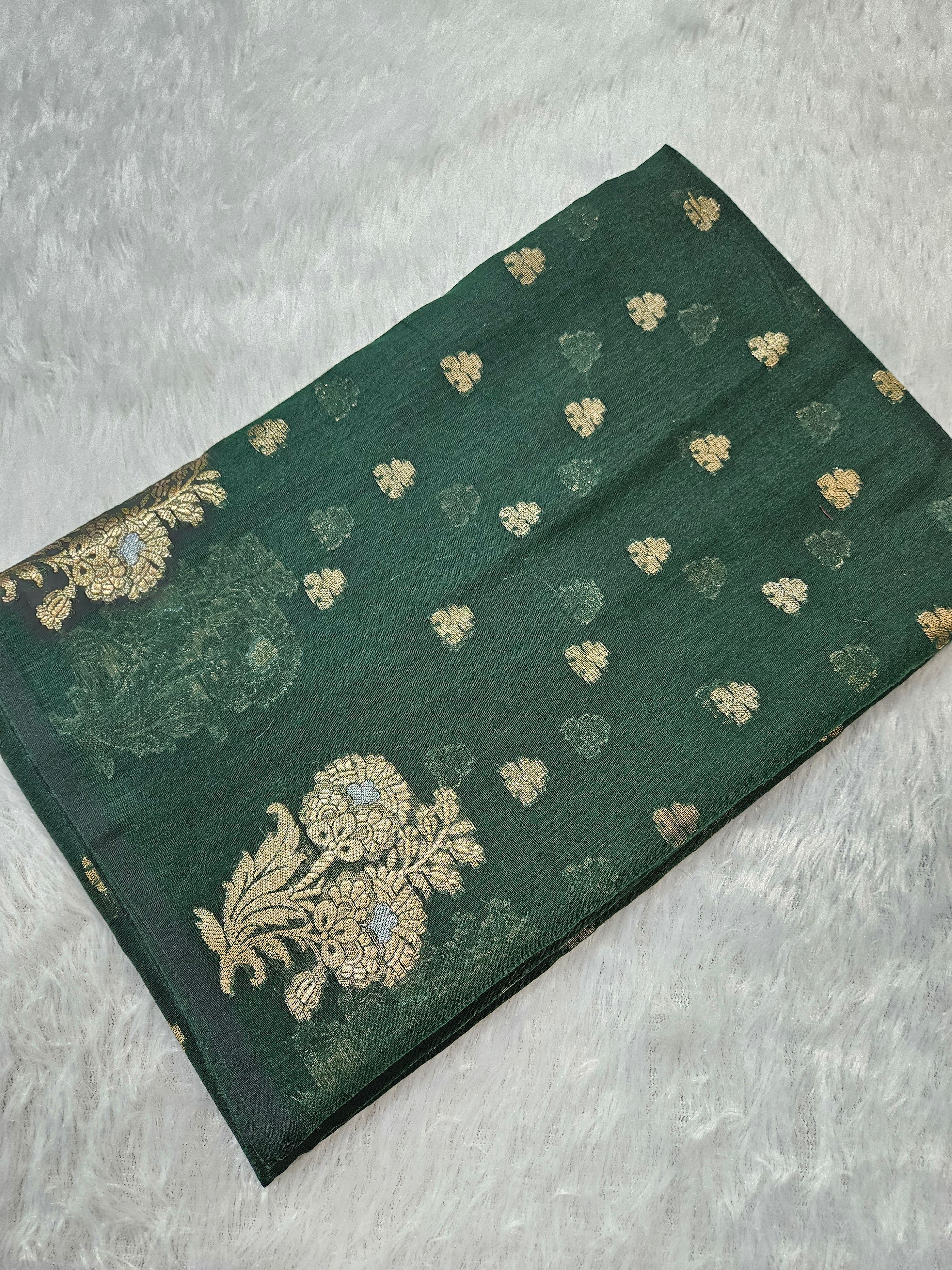 Bottle Green Banarasi Cotton Boota Zari Border Booti Saree