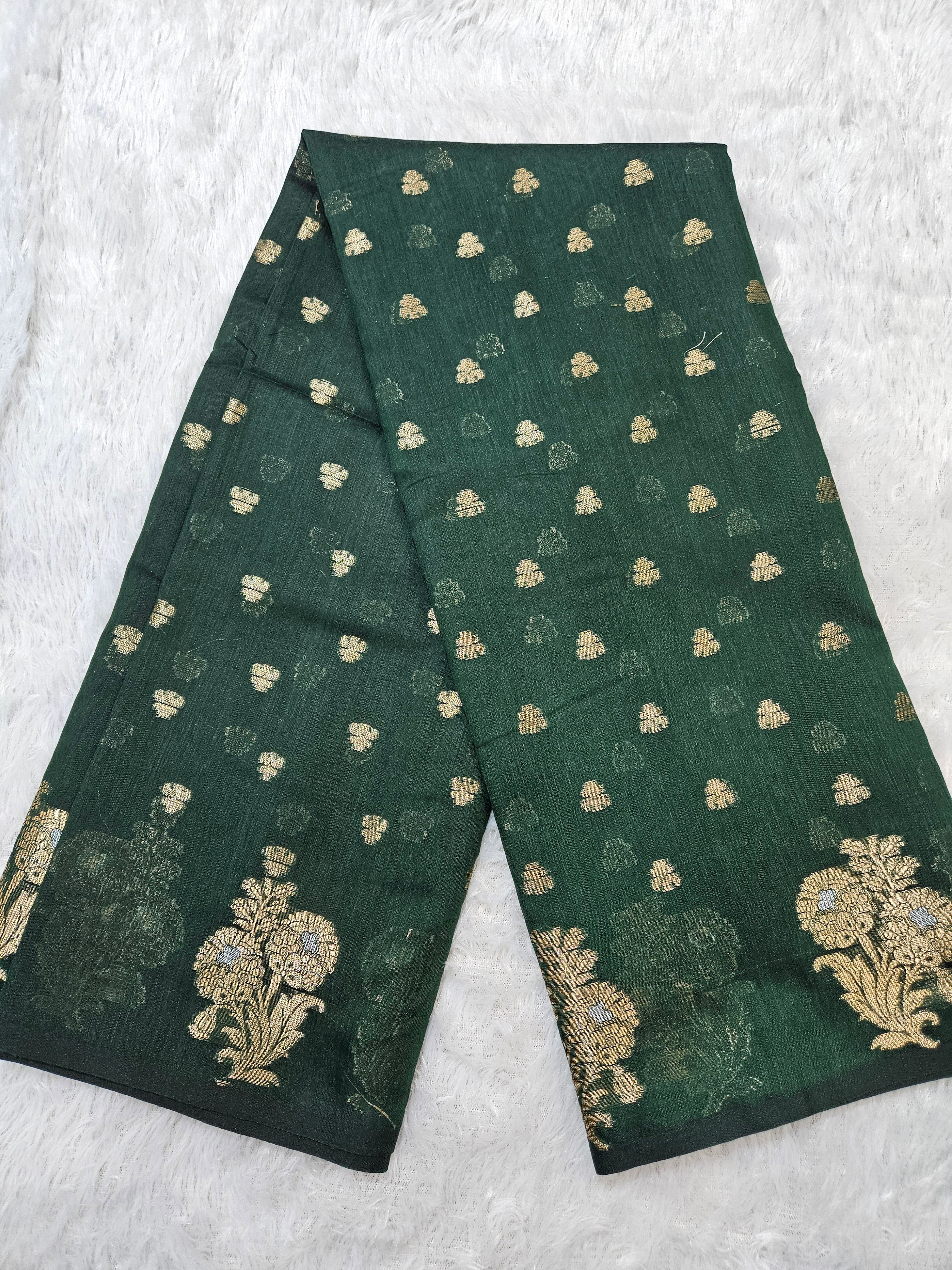 Bottle Green Banarasi Cotton Boota Zari Border Booti Saree