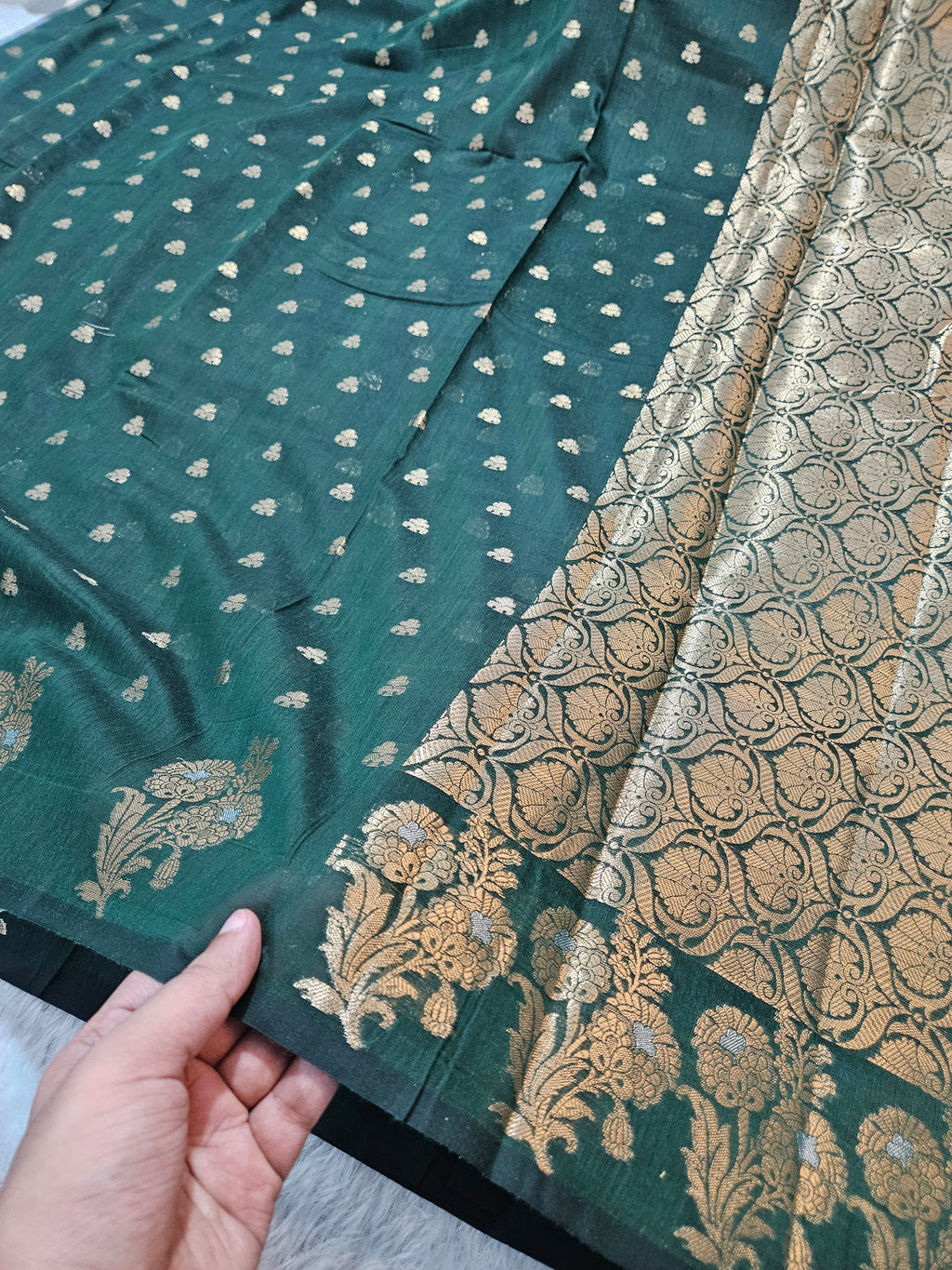 Bottle Green Banarasi Cotton Boota Zari Border Booti Saree