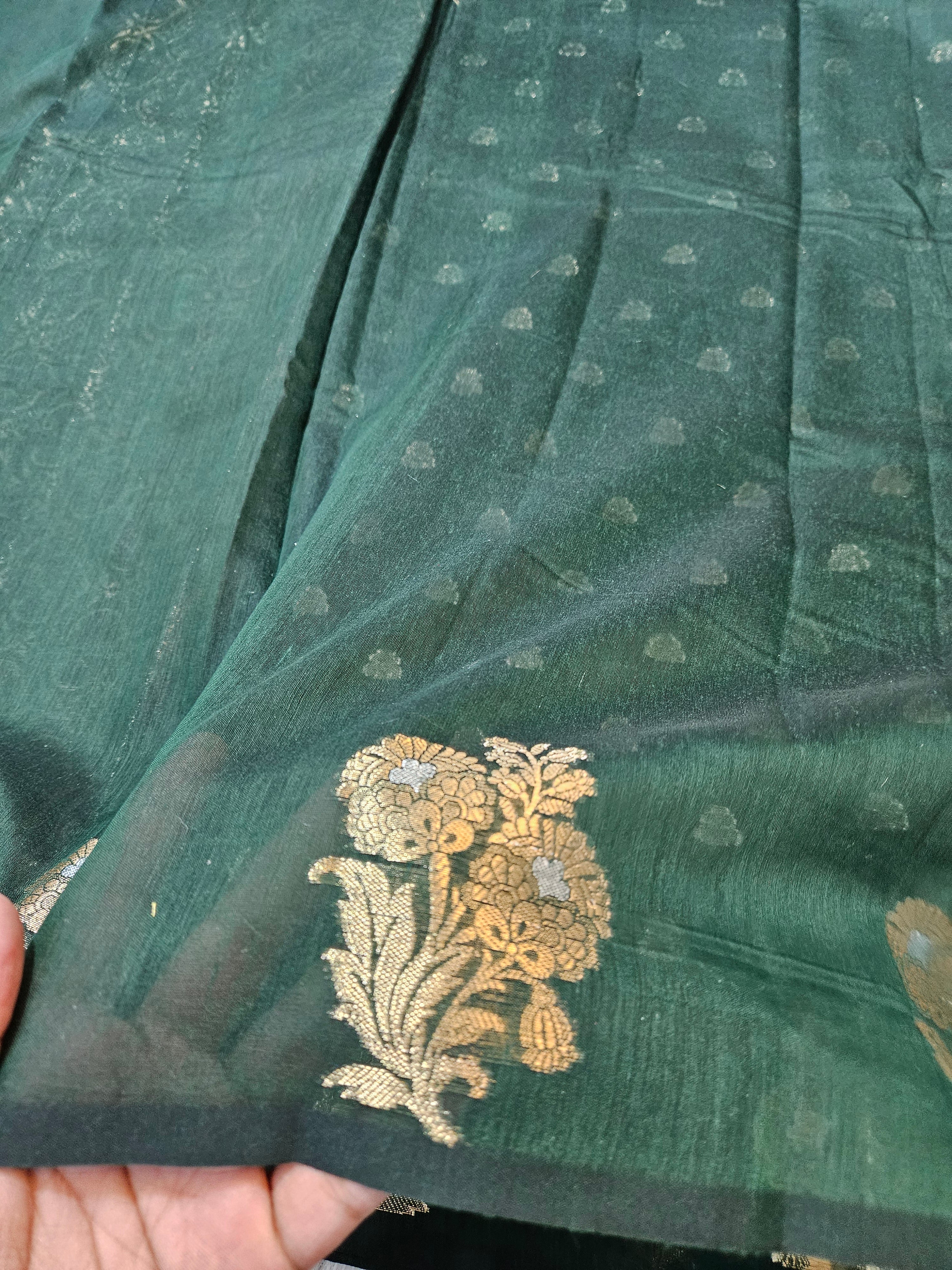 Bottle Green Banarasi Cotton Boota Zari Border Booti Saree