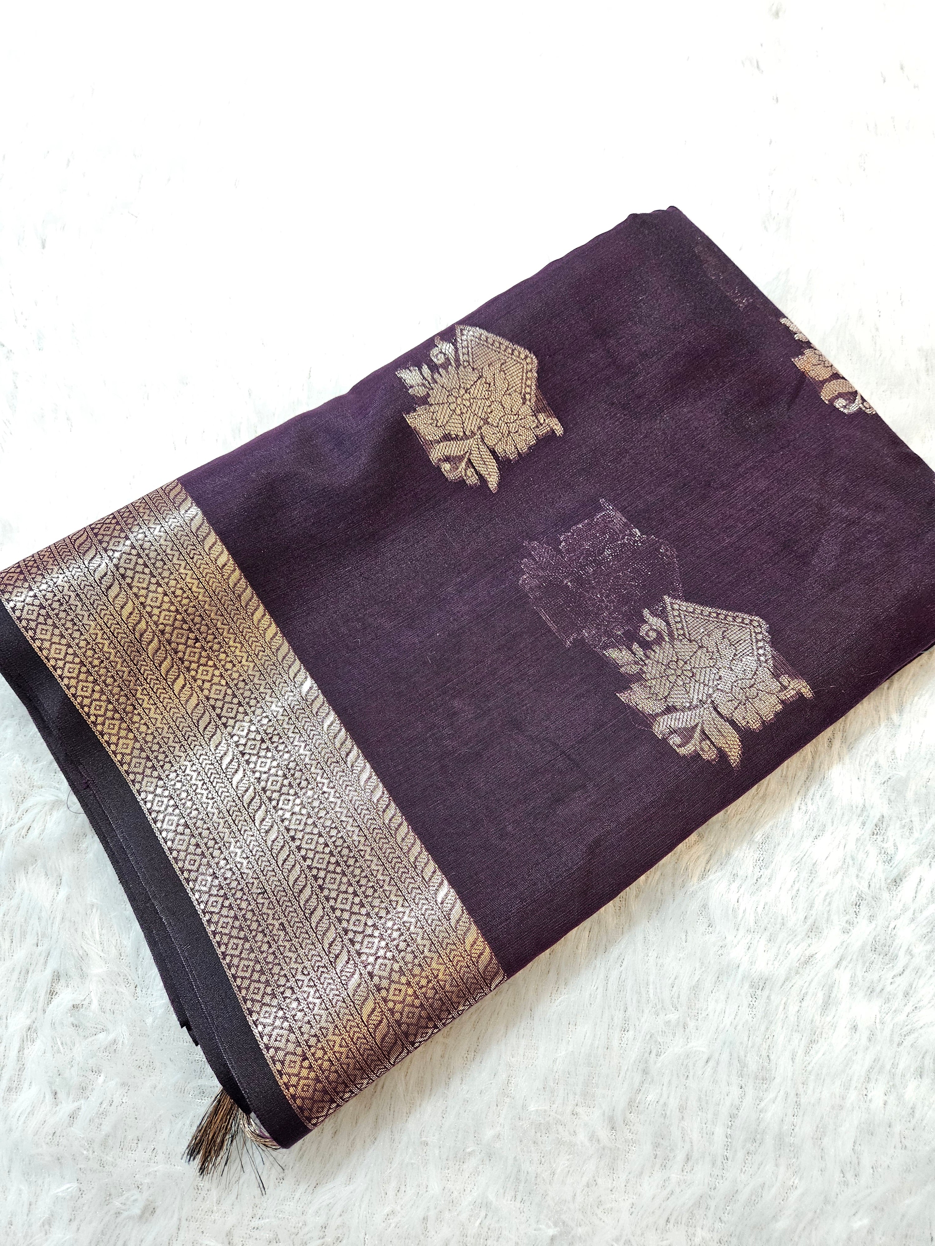 Wine Pure Cotton Zari Border Boota Saree