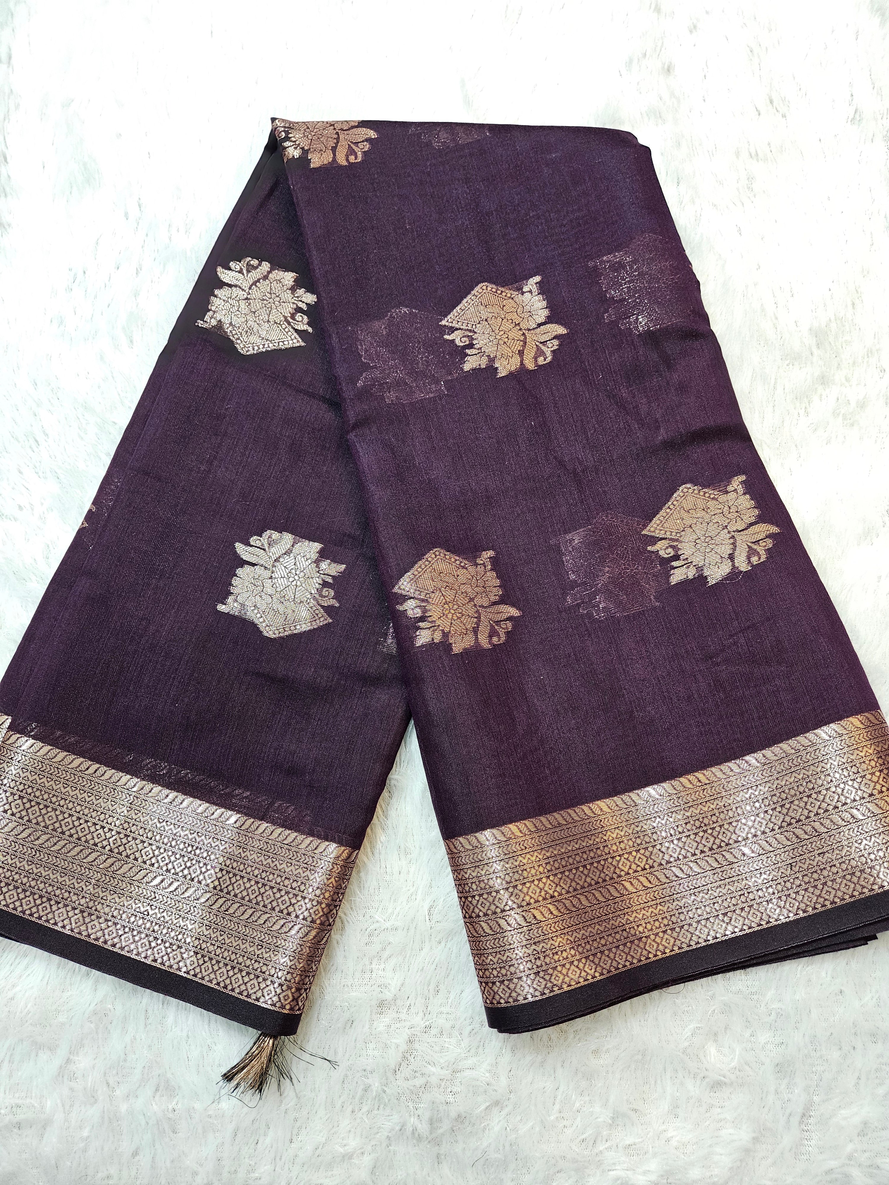 Wine Pure Cotton Zari Border Boota Saree