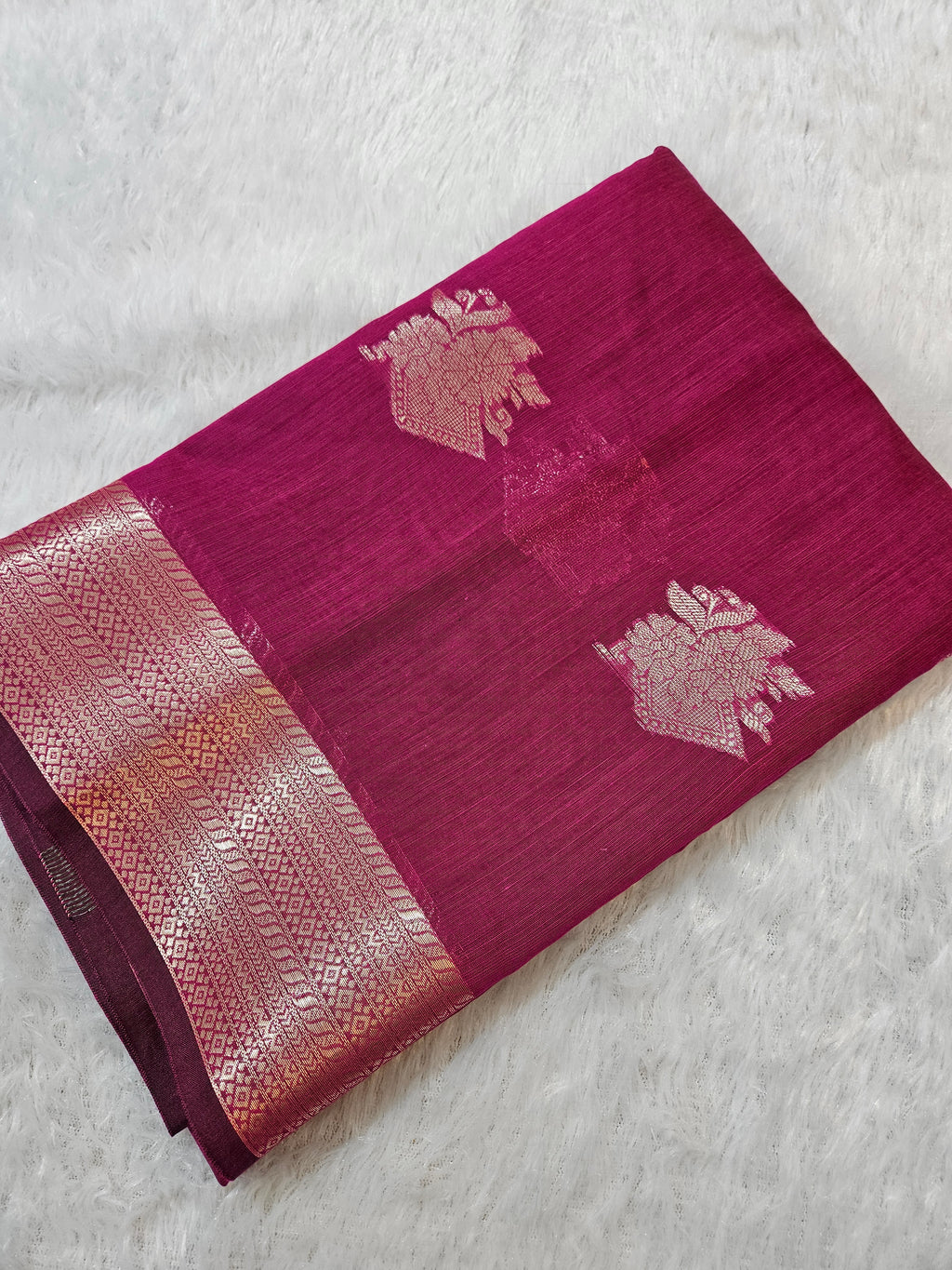 Rani Pink Banarasi Cotton Zari Border Boota Saree