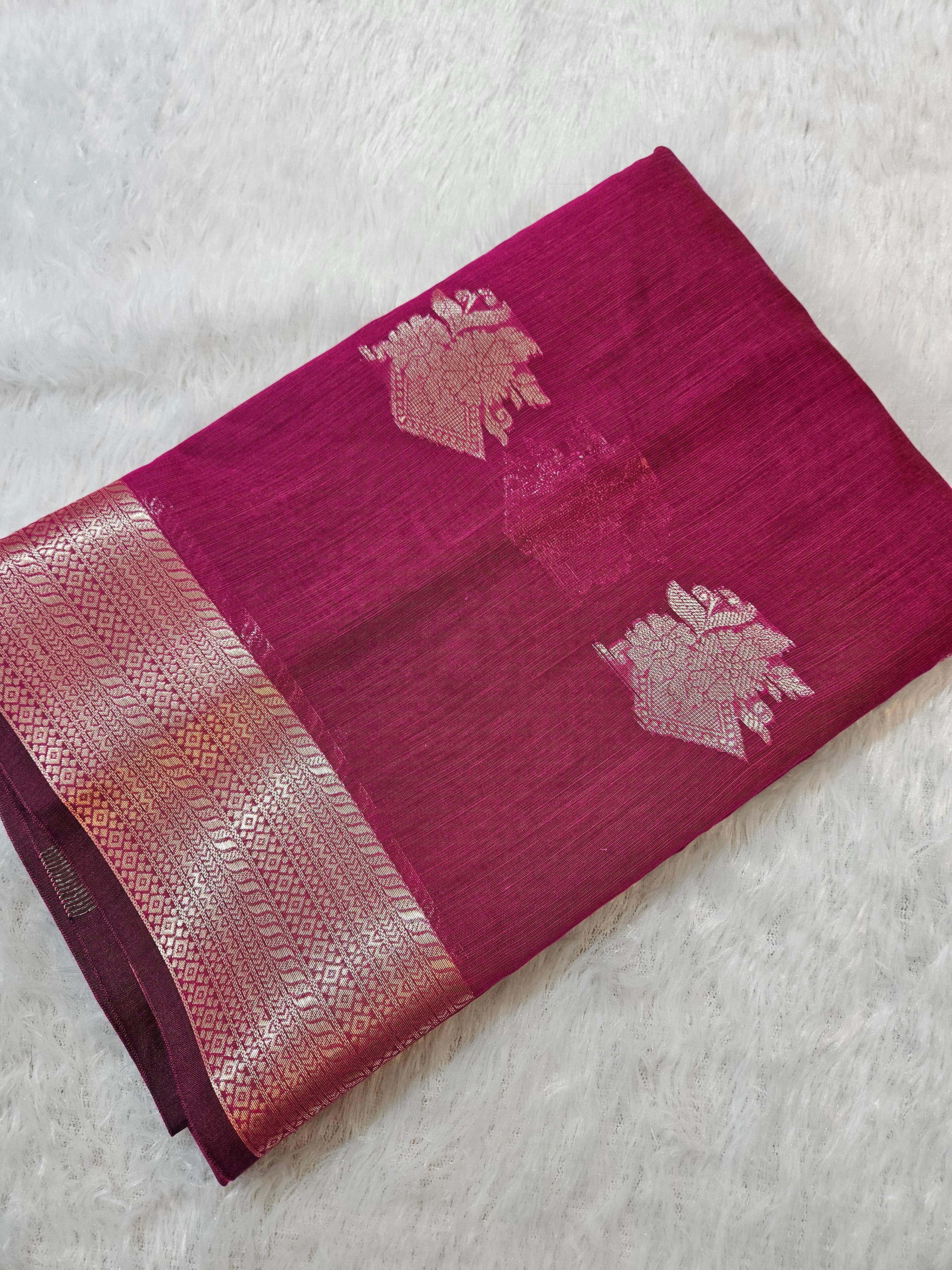Rani Pink Banarasi Cotton Zari Border Boota Saree