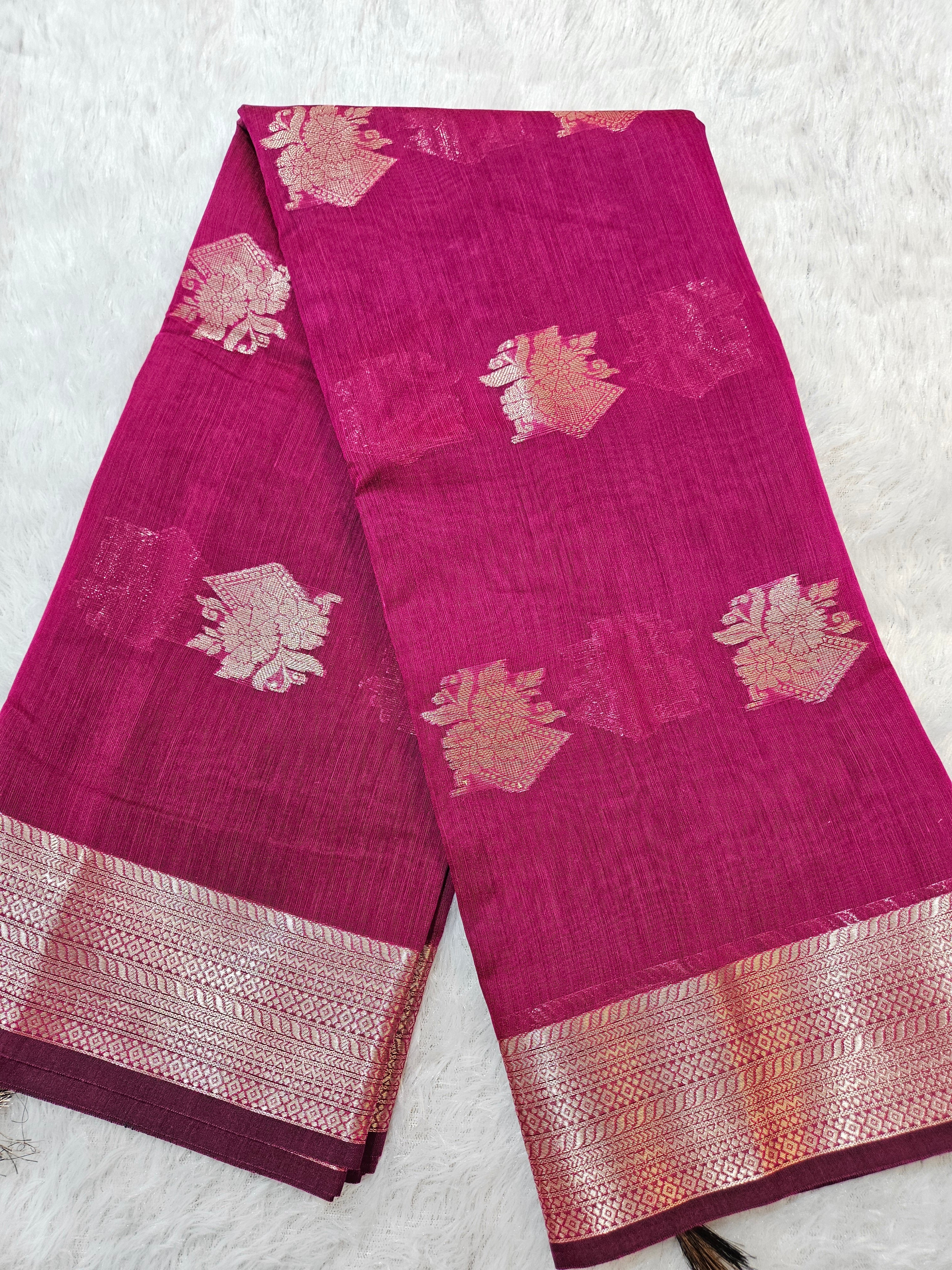 Rani Pink Banarasi Cotton Zari Border Boota Saree