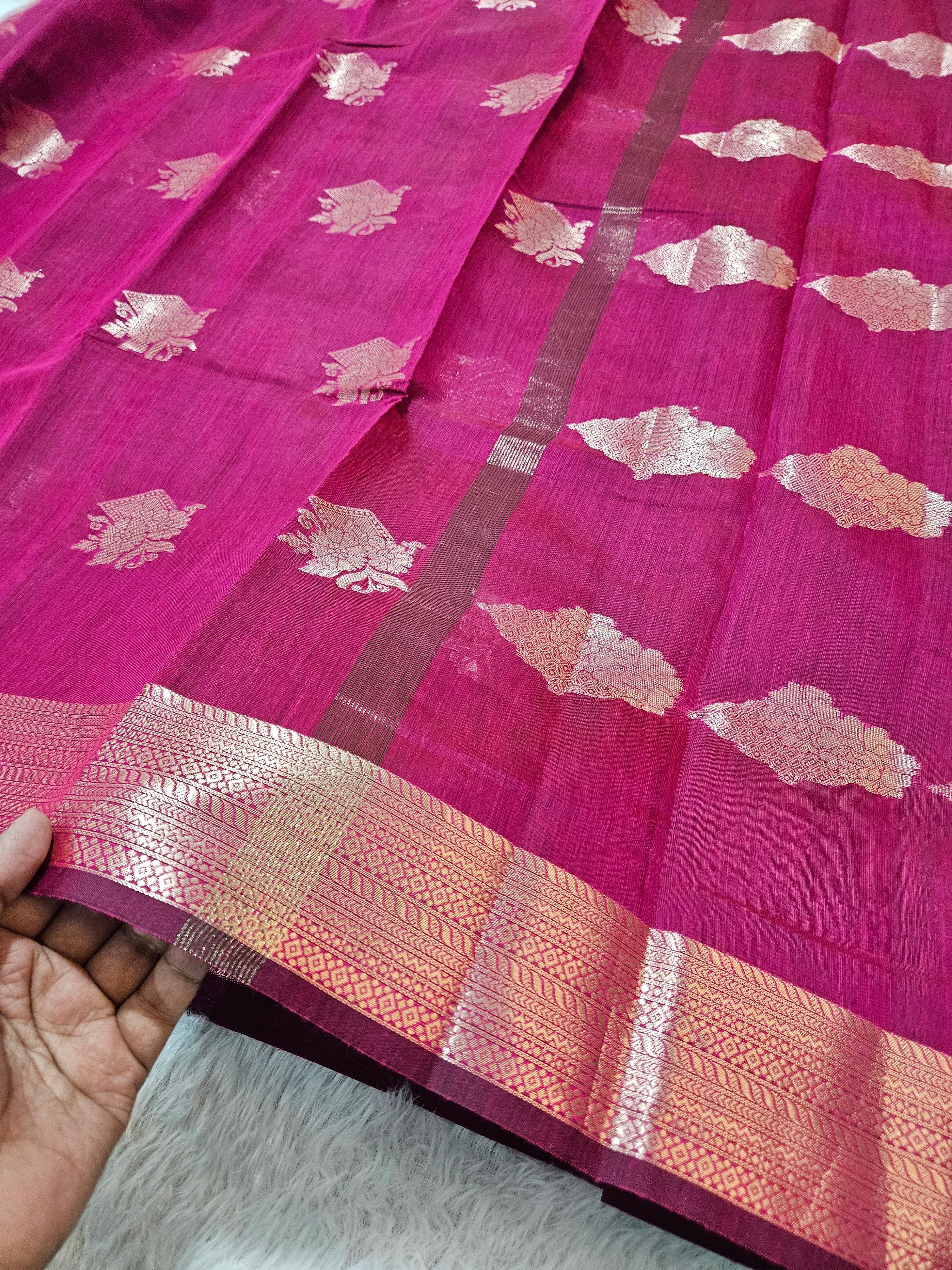 Rani Pink Banarasi Cotton Zari Border Boota Saree
