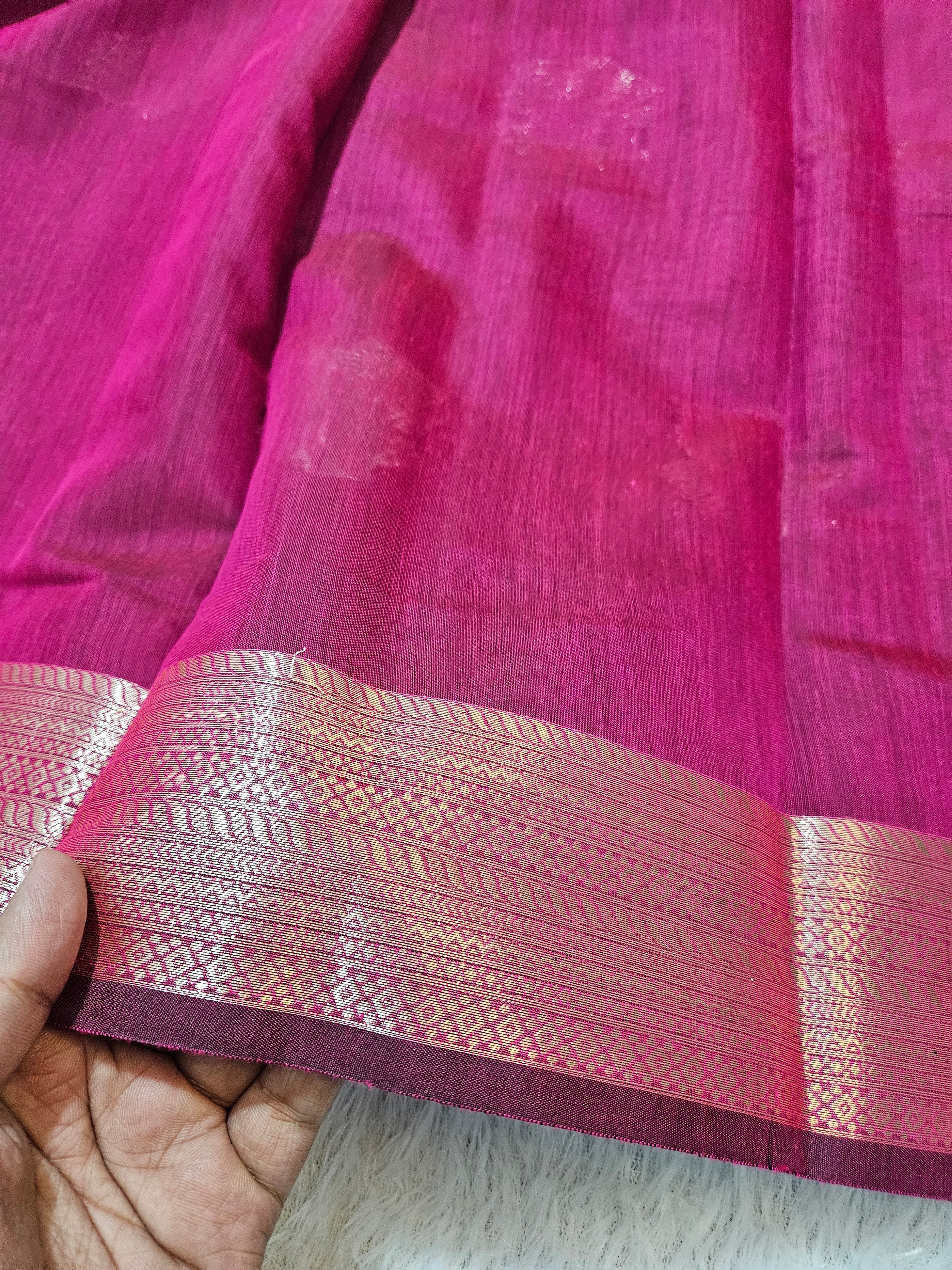 Rani Pink Banarasi Cotton Zari Border Boota Saree
