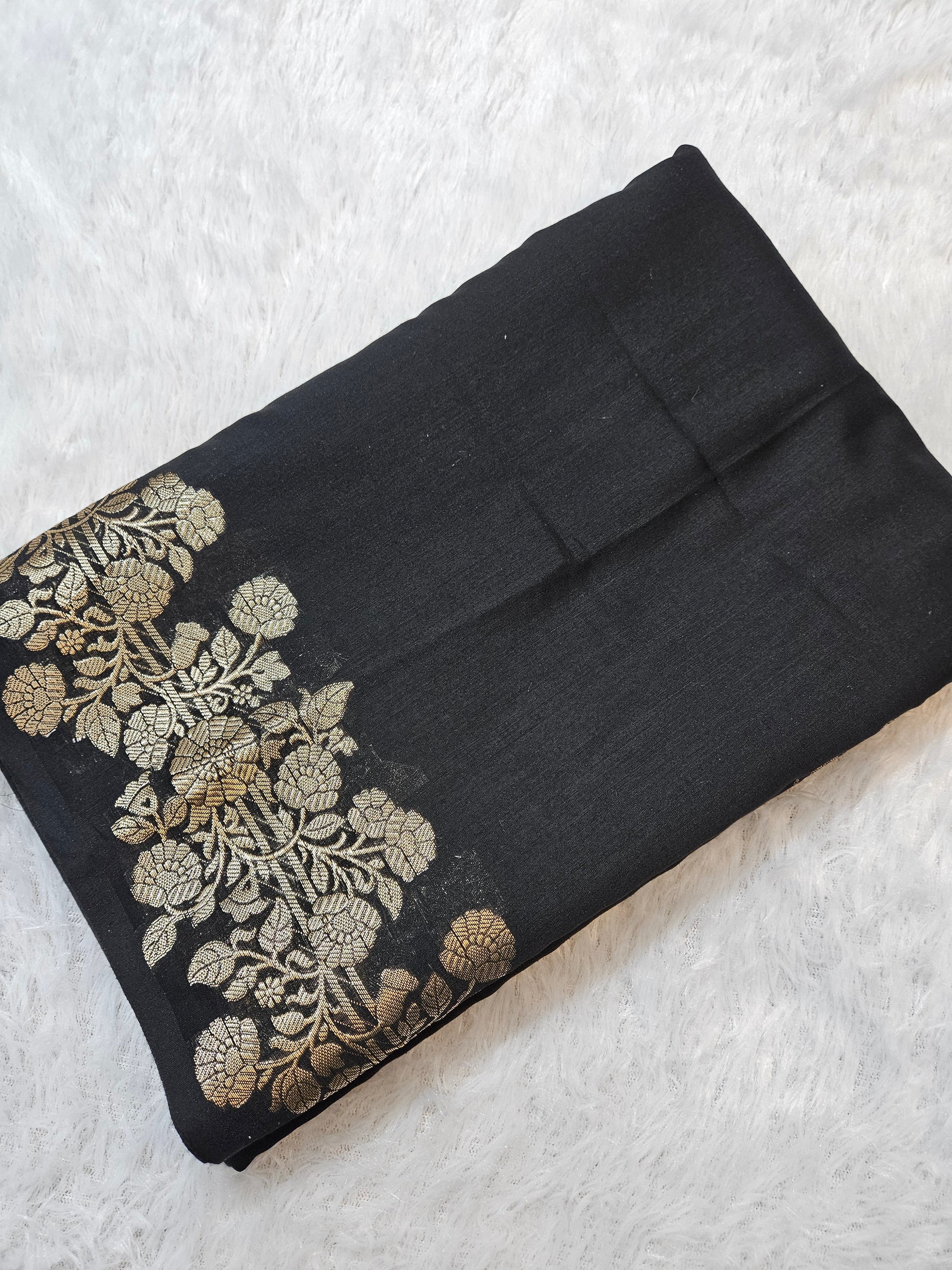 Black Banarasi Cotton Zari Border Plain Saree